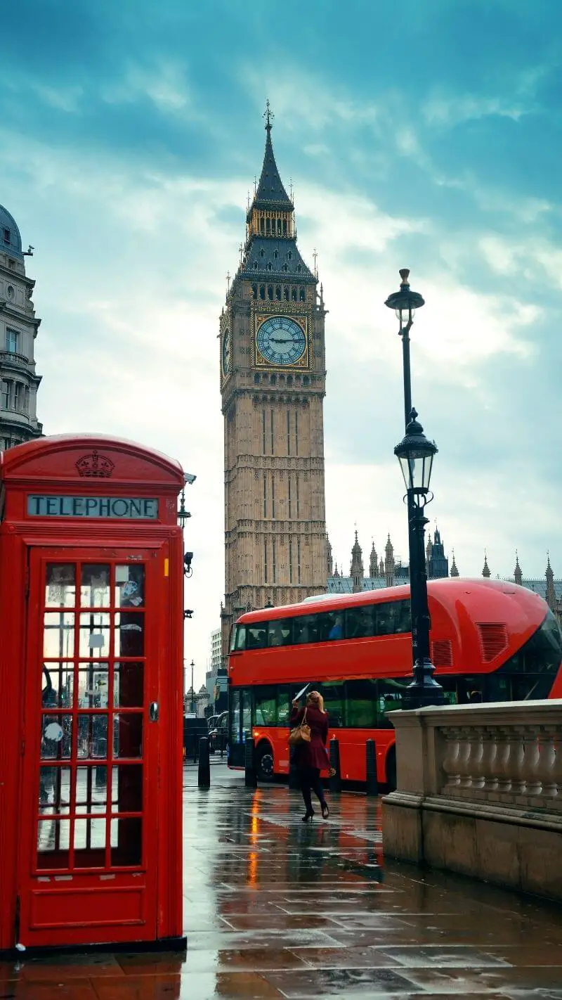 Big Ben, Rote Telefonzelle, Doppeldeckerbus, London, Straßenlaterne, HD, iPhone-Hintergrundbild