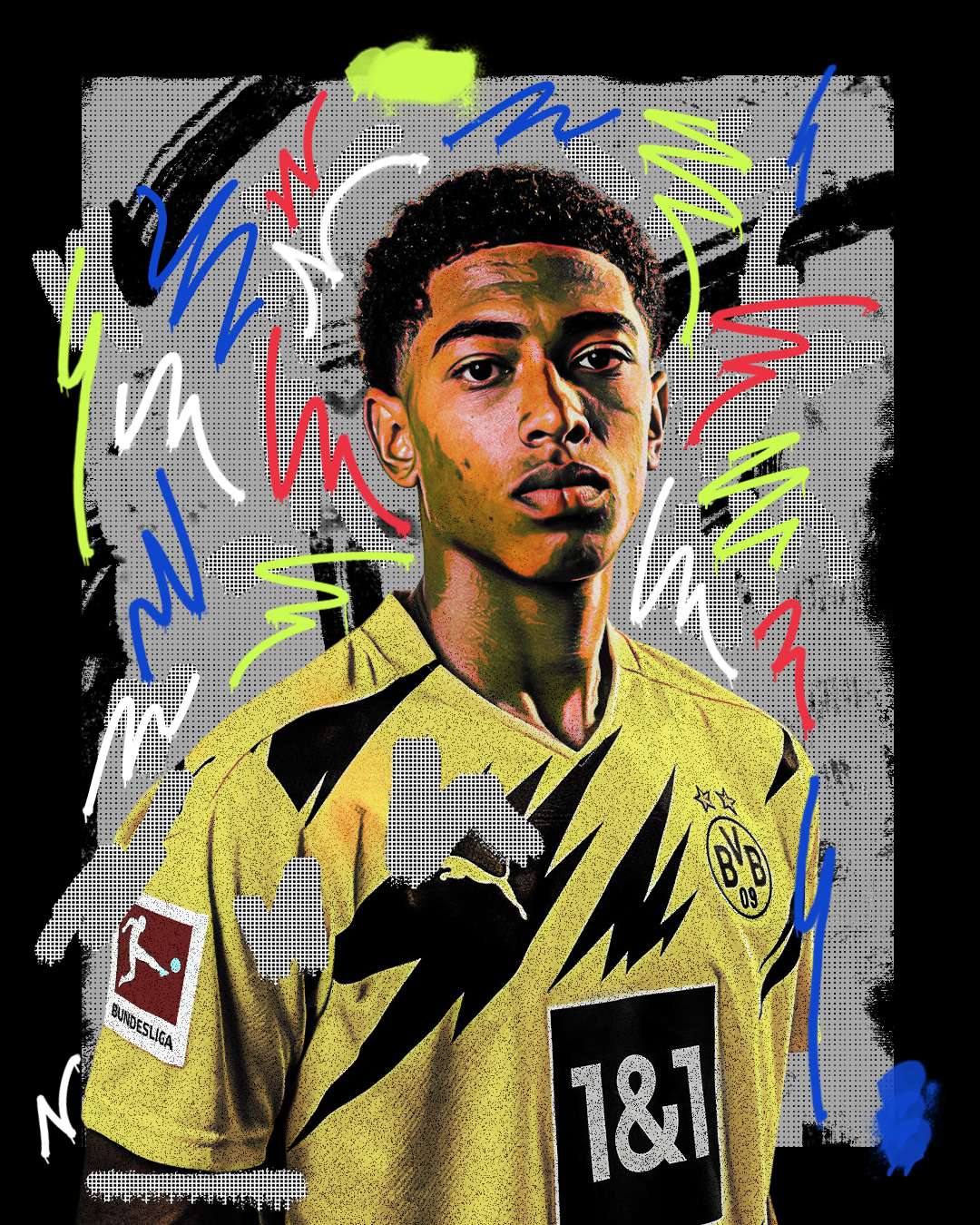 Jude Bellingham, Borussia Dortmund, Porträt, Bunte Kritzeleien, Grafikdesign, Full-HD-Tablet-Hintergrundbild