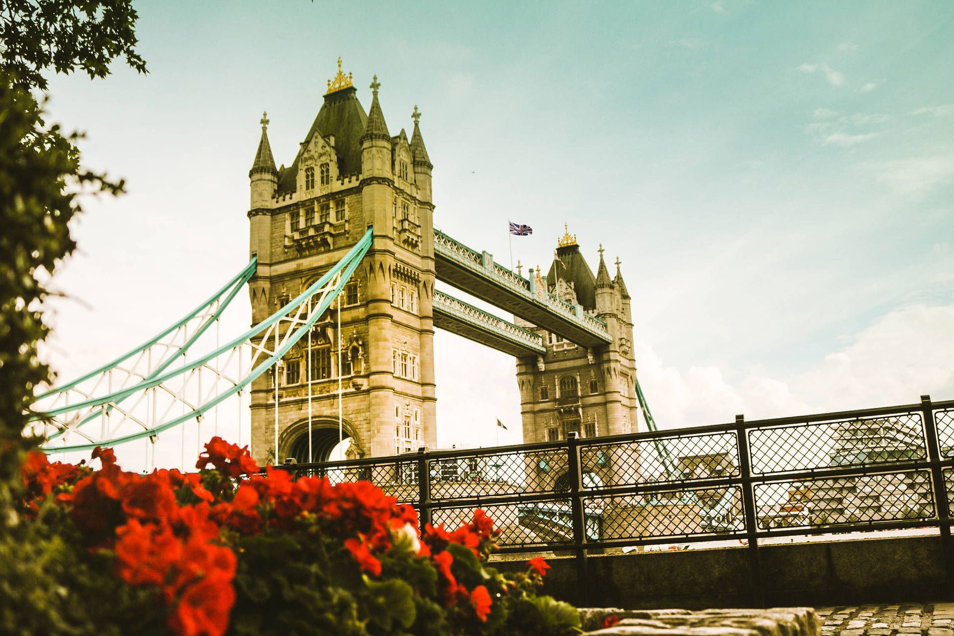 Tower Bridge, London, Rote Blumen, Geländer, Full HD, Desktop-Hintergrund für Windows