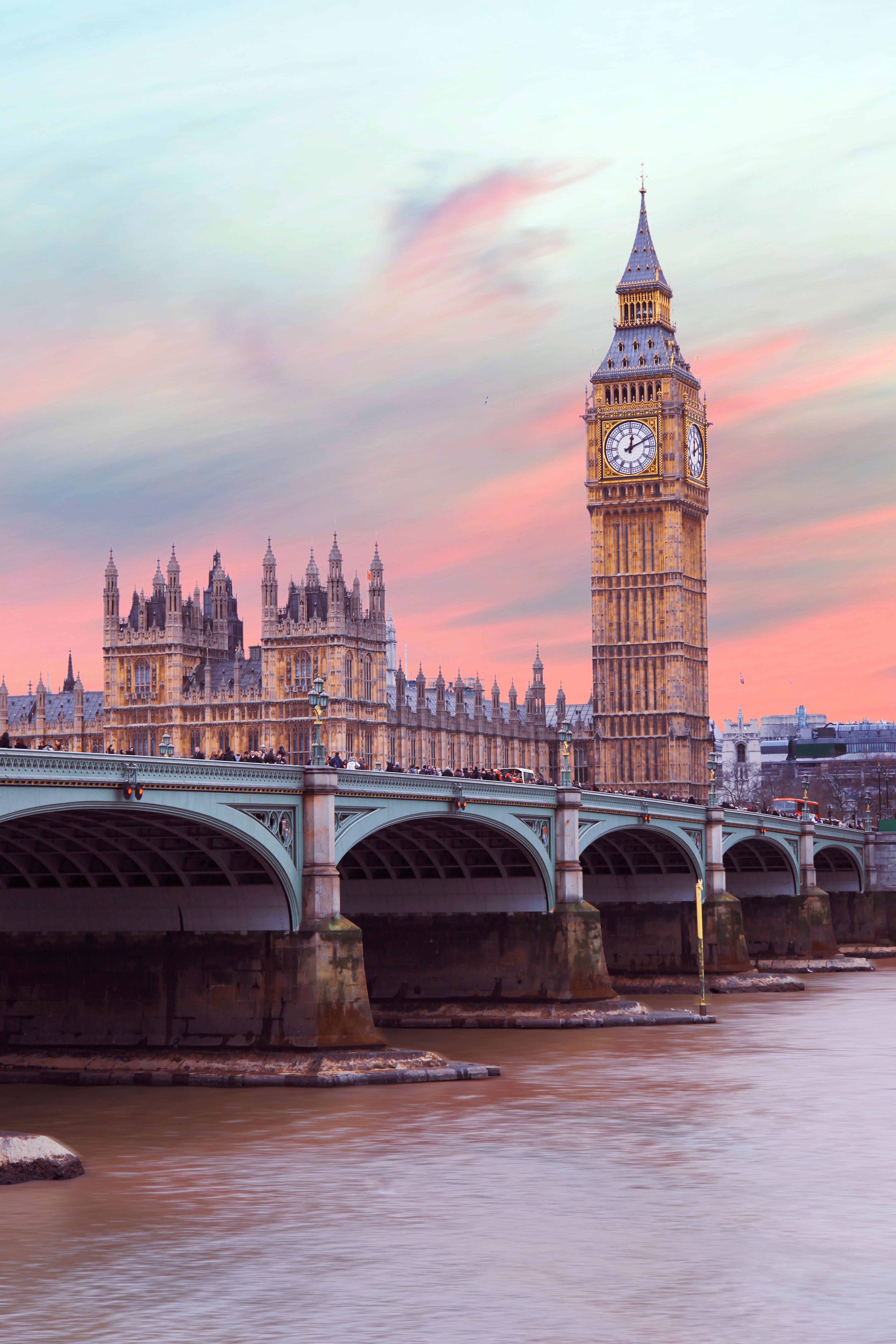 Big Ben, Westminster Bridge, Themse, Abendrot, London, QHD+, Handy-Hintergrund im Hochformat