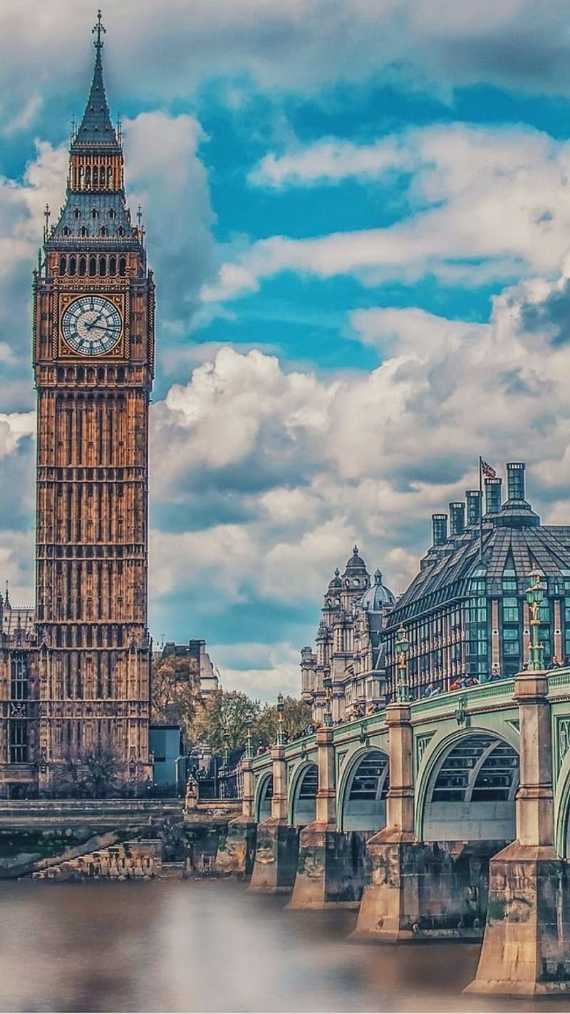 Big Ben, Westminster Bridge, London, Wolken, Blauer Himmel, Hintergrundbild fürs Handy