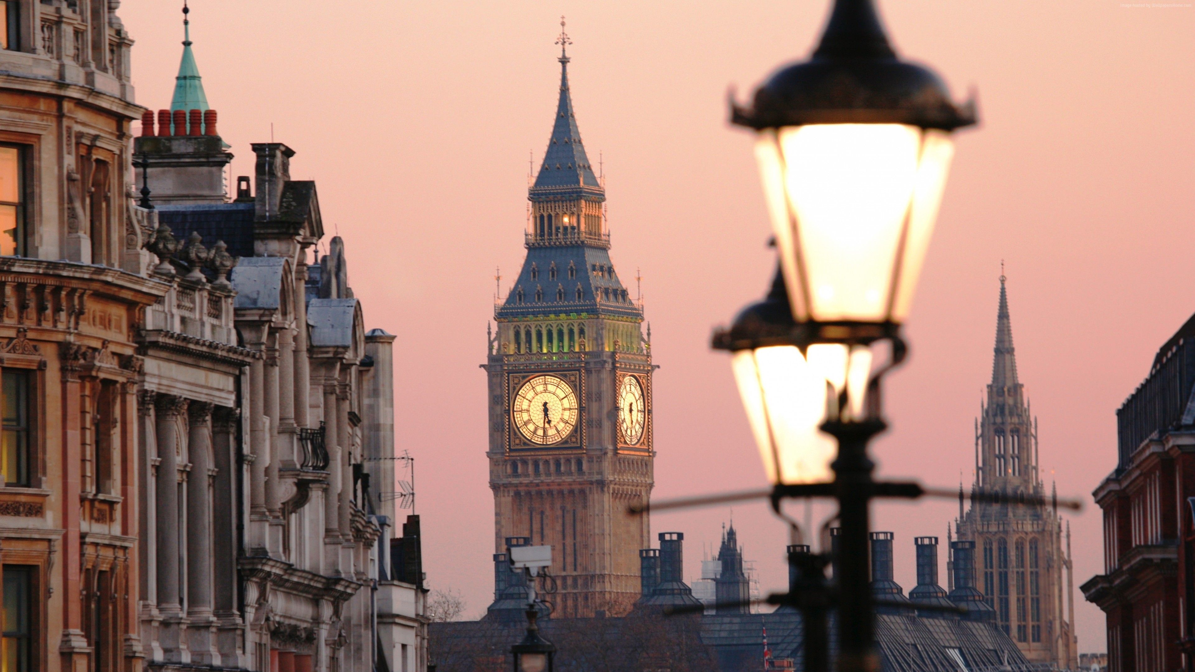 Big Ben, Whitehall, Straßenlaterne, Rosa Himmel, London, 4K-Hintergrundbild für PC
