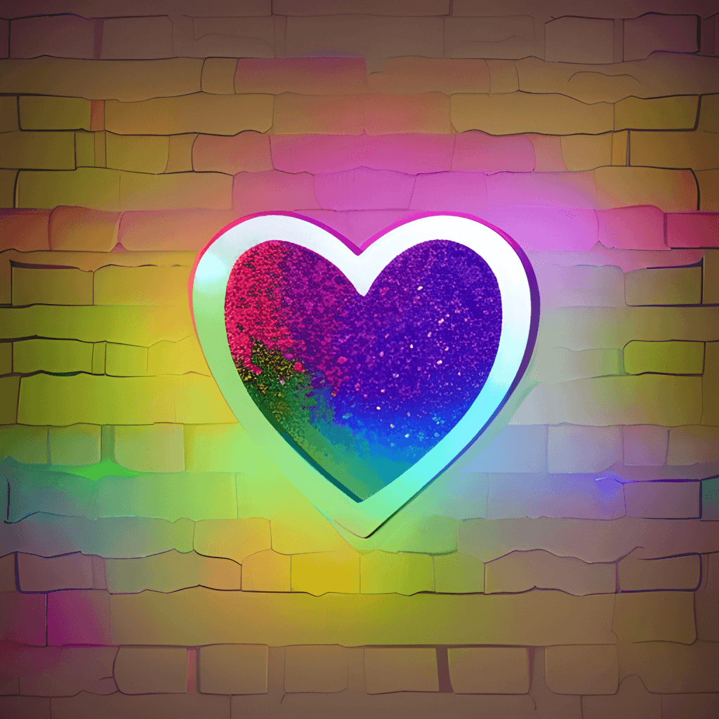 Holografisches Herz, Regenbogenfarben, Ziegelwand, Glitzer, Hintergrundbild fürs Tablet