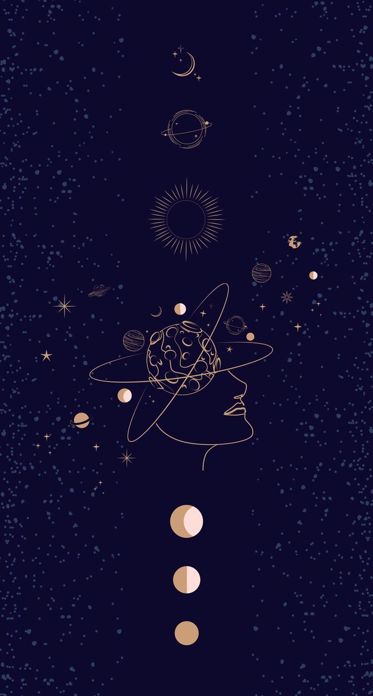 Mondphasen, Sternbilder, Weltall, Dunkelblau, Gold, Hochformat, Hintergrundbild fürs Smartphone
