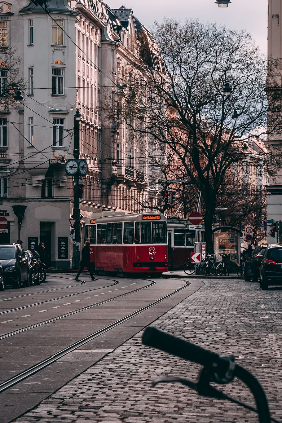 Wien, Straßenbahn, Altbauten, Kopfsteinpflaster, Fahrradlenker, Kahler Baum, Handy-Hintergrundbild