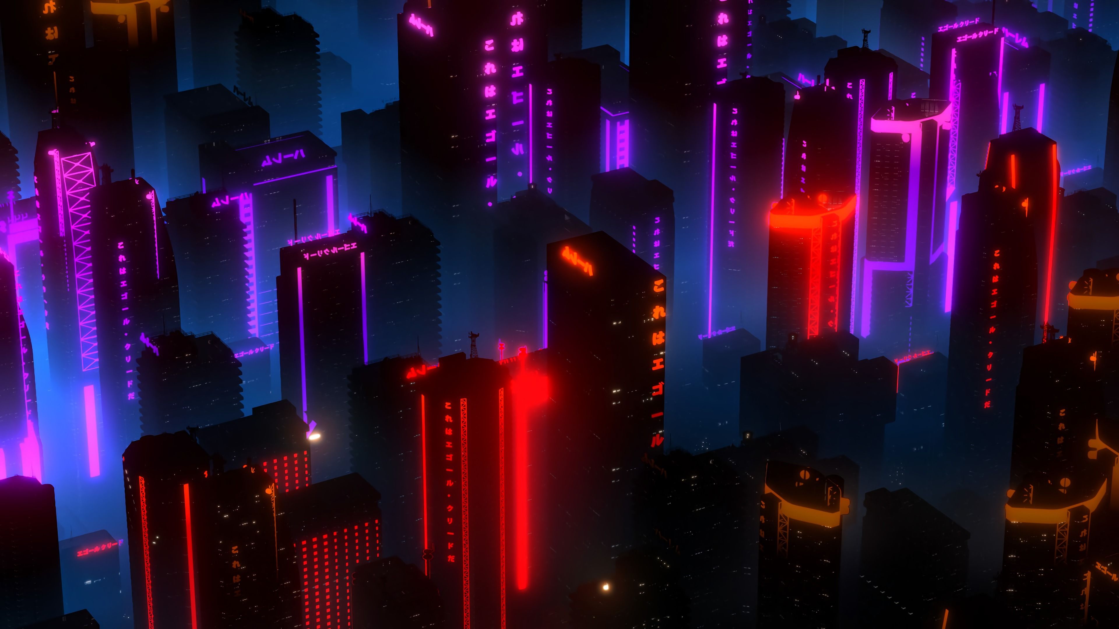 Wolkenkratzer, Stadt, Vogelperspektive, Rot, Lila, Cyberpunk, 4K-Hintergrundbild für PC