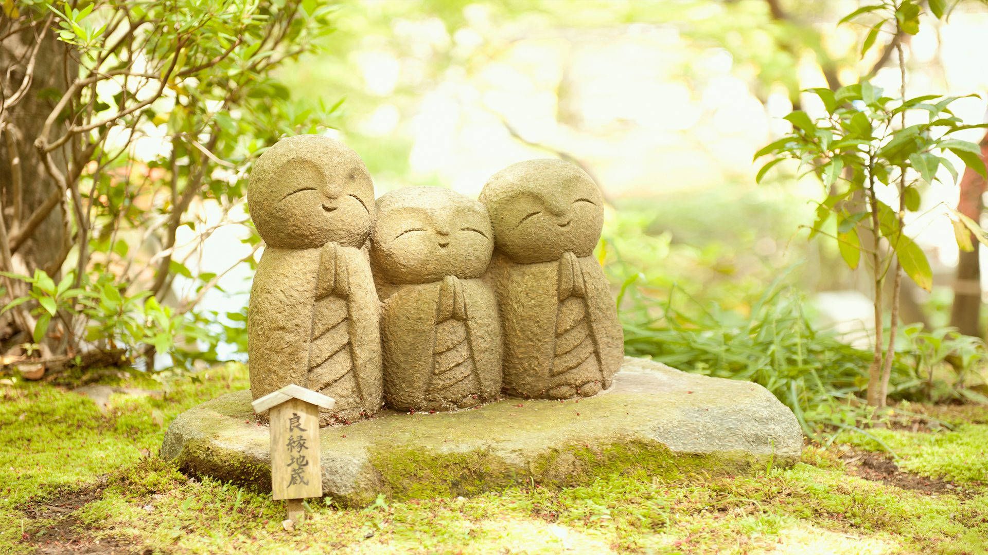 Jizō-Statuen, Steinfiguren, Moos, Garten, Japan, 1920x1080, Full-HD-Hintergrundbild für PC