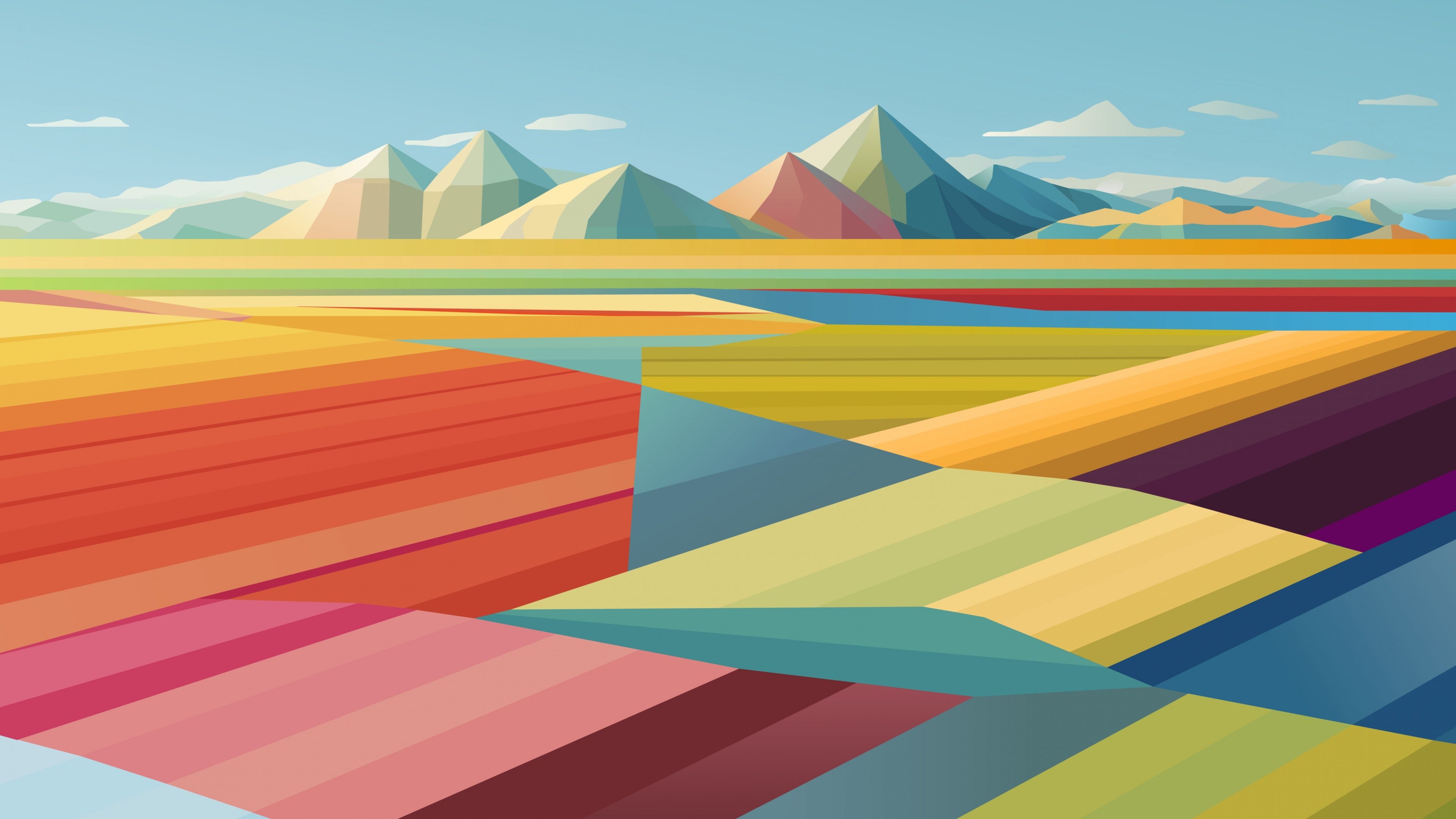 Low Poly, Berge, Bunte Felder, Geometrisch, Landschaft, Pastellfarben, 4K, Breitbild-Hintergrundbild