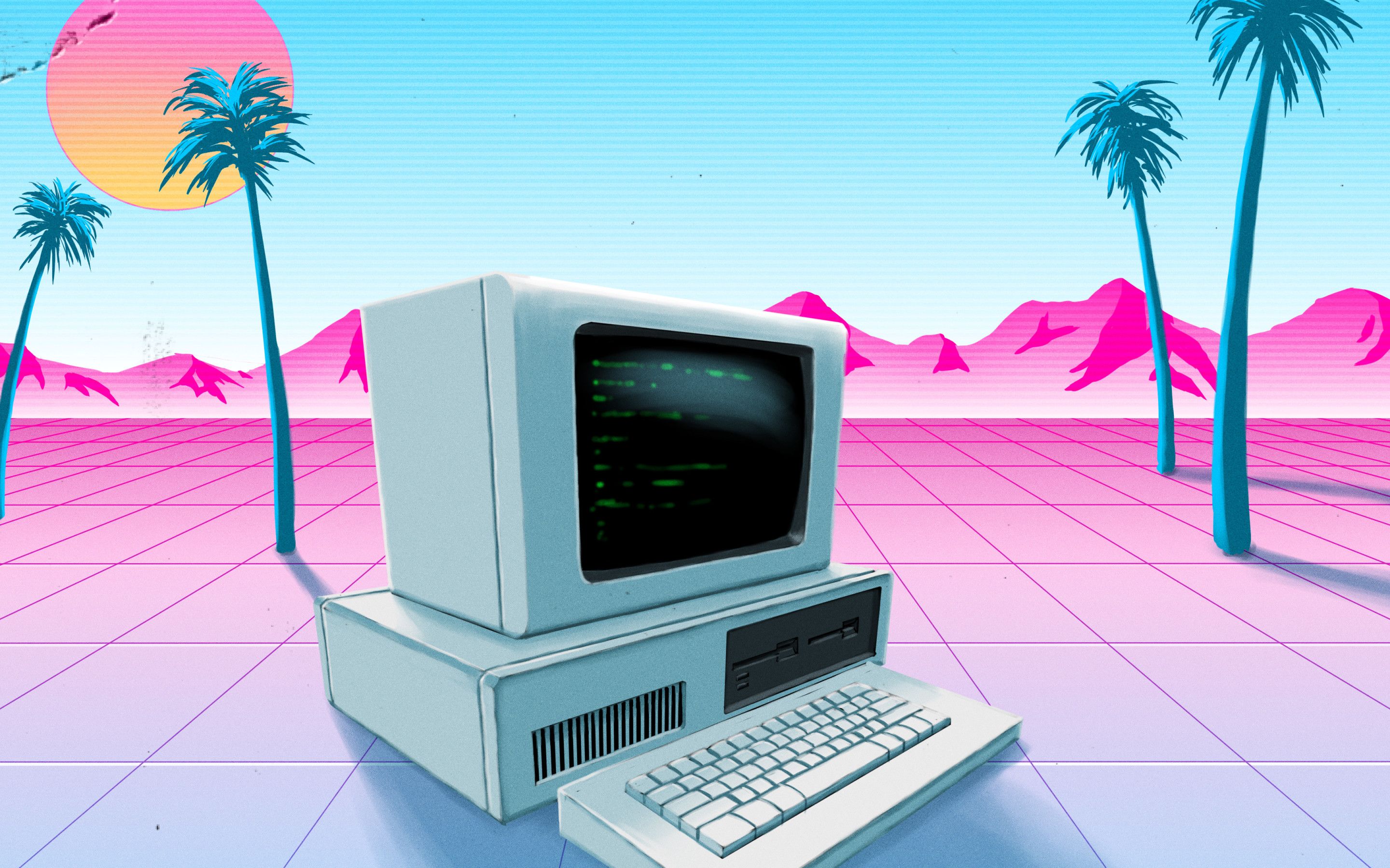 Vaporwave, Retro-Computer, Palmen, Rosa Berge, Gitterboden, 80er-Jahre, 2K, Windows-Hintergrundbild