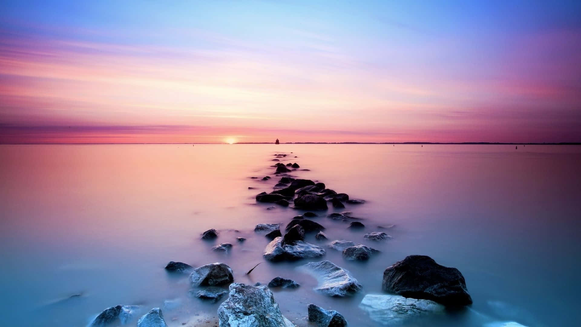 Steine, Meer, Sonnenuntergang, Langzeitbelichtung, Rosa Himmel, 1920x1080, Desktop-Hintergrund