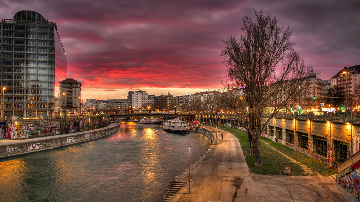 Donaukanal, Wien, Abendrot, Uferpromenade, Kahler Baum, Stadtlichter, HD-Hintergrundbild für PC