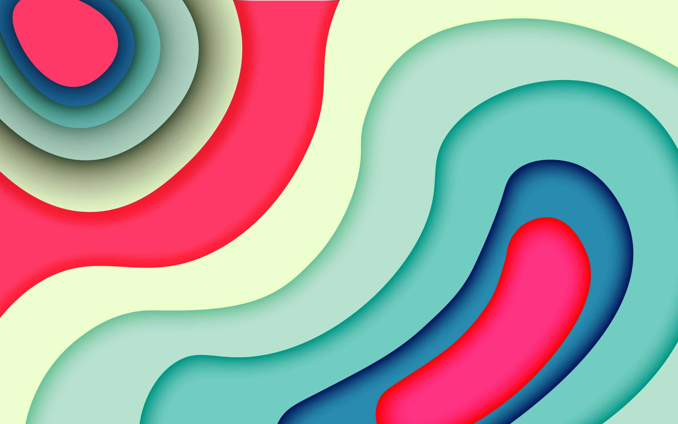 Abstrakt, Wellenformen, Papierschnitt-Stil, Türkis, Rot, Schichten, 2K, PC-Hintergrundbild