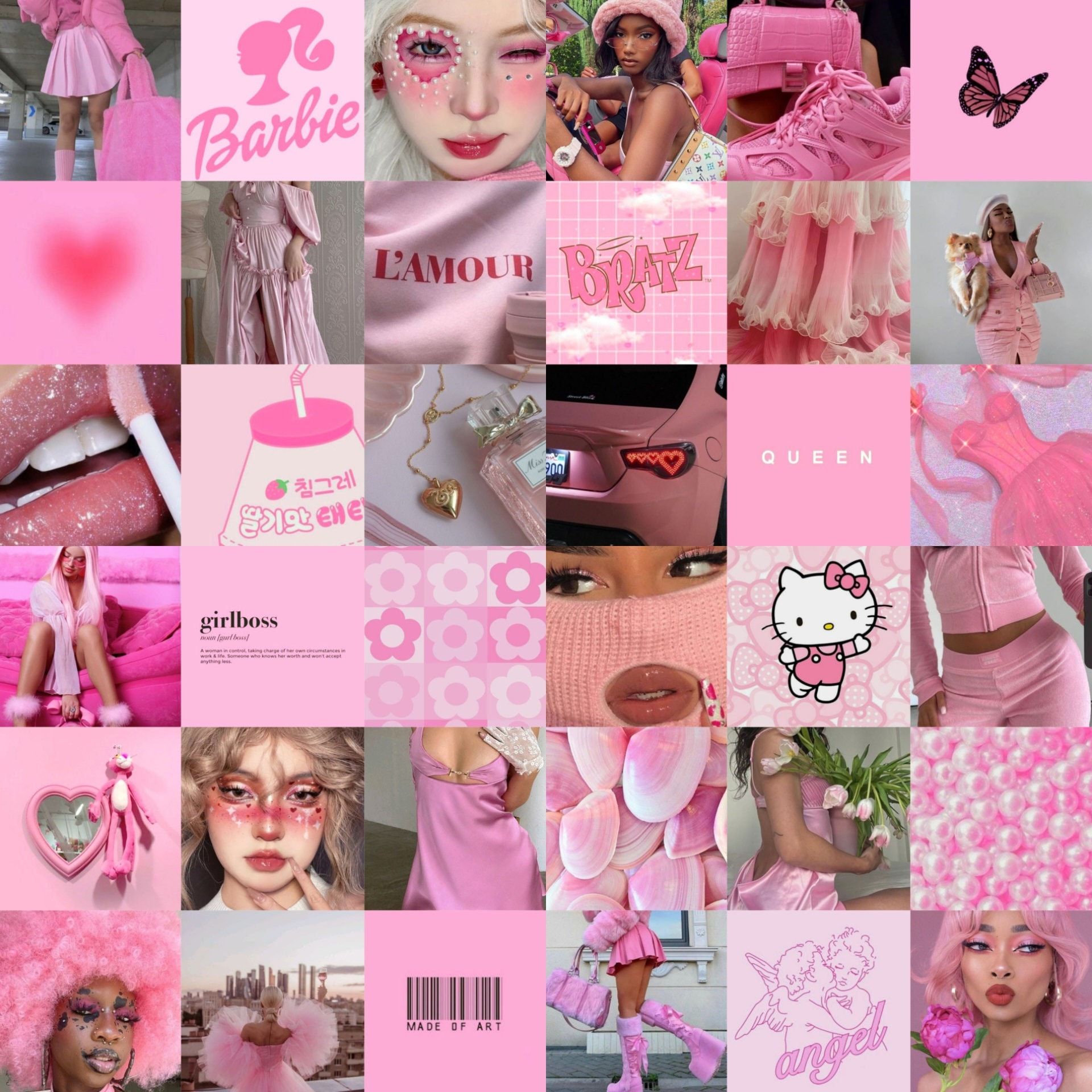 Collage, Barbie, Hello Kitty, Y2K, Pink, Ästhetik, Full HD, iPad-Hintergrundbild
