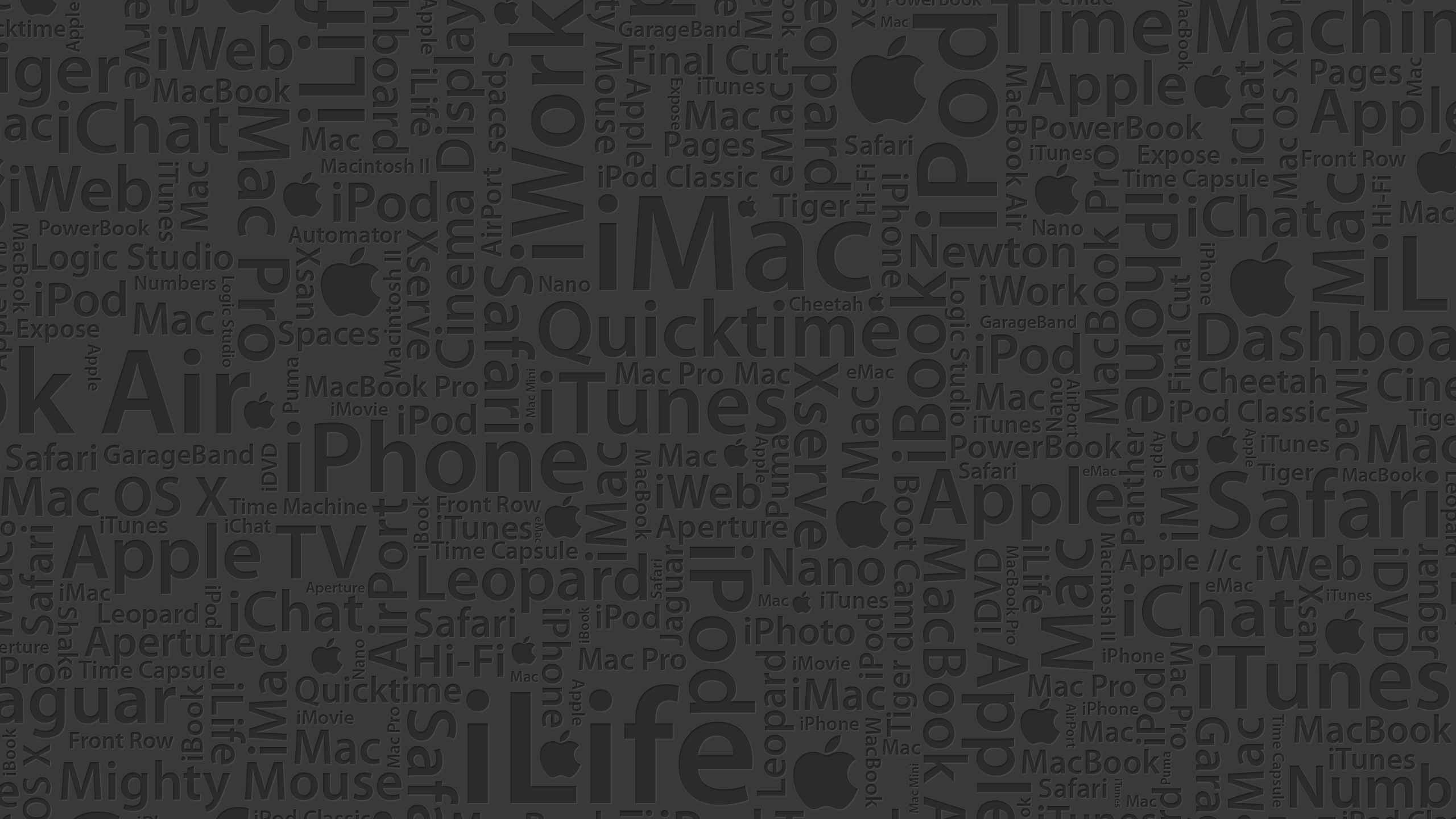 Apple, Typografie, iMac, iPhone, iPod, Dunkelgrau, 16:9, 2K-Hintergrundbild für den Desktop