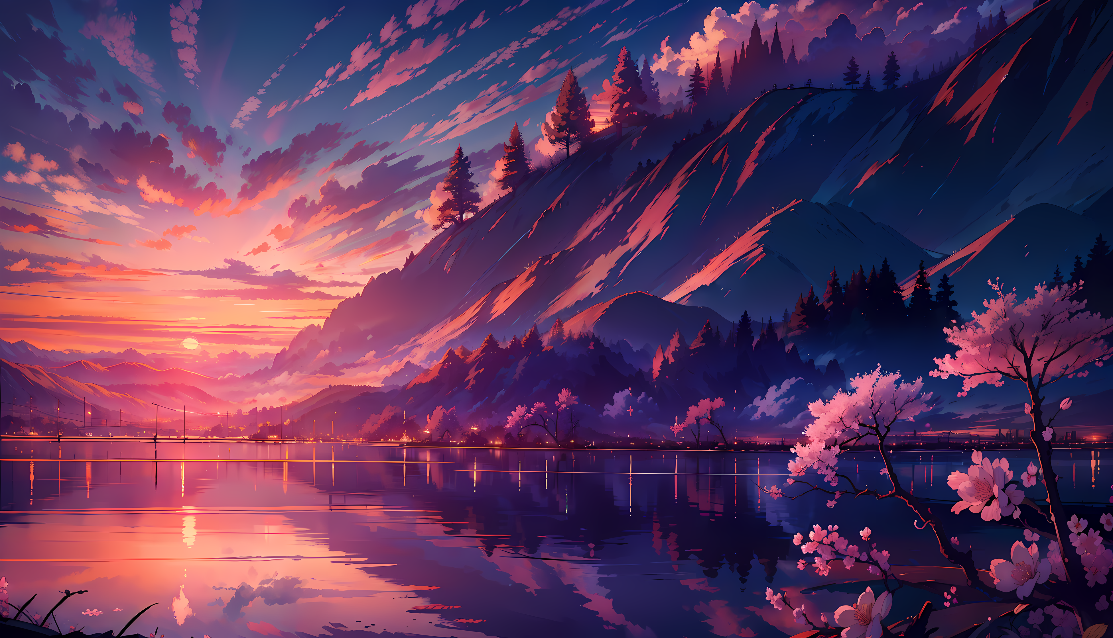 Berglandschaft, See, Kirschblüten, Sonnenuntergang, Digitale Kunst, Rosa Himmel, 4K-Desktop-Hintergrund