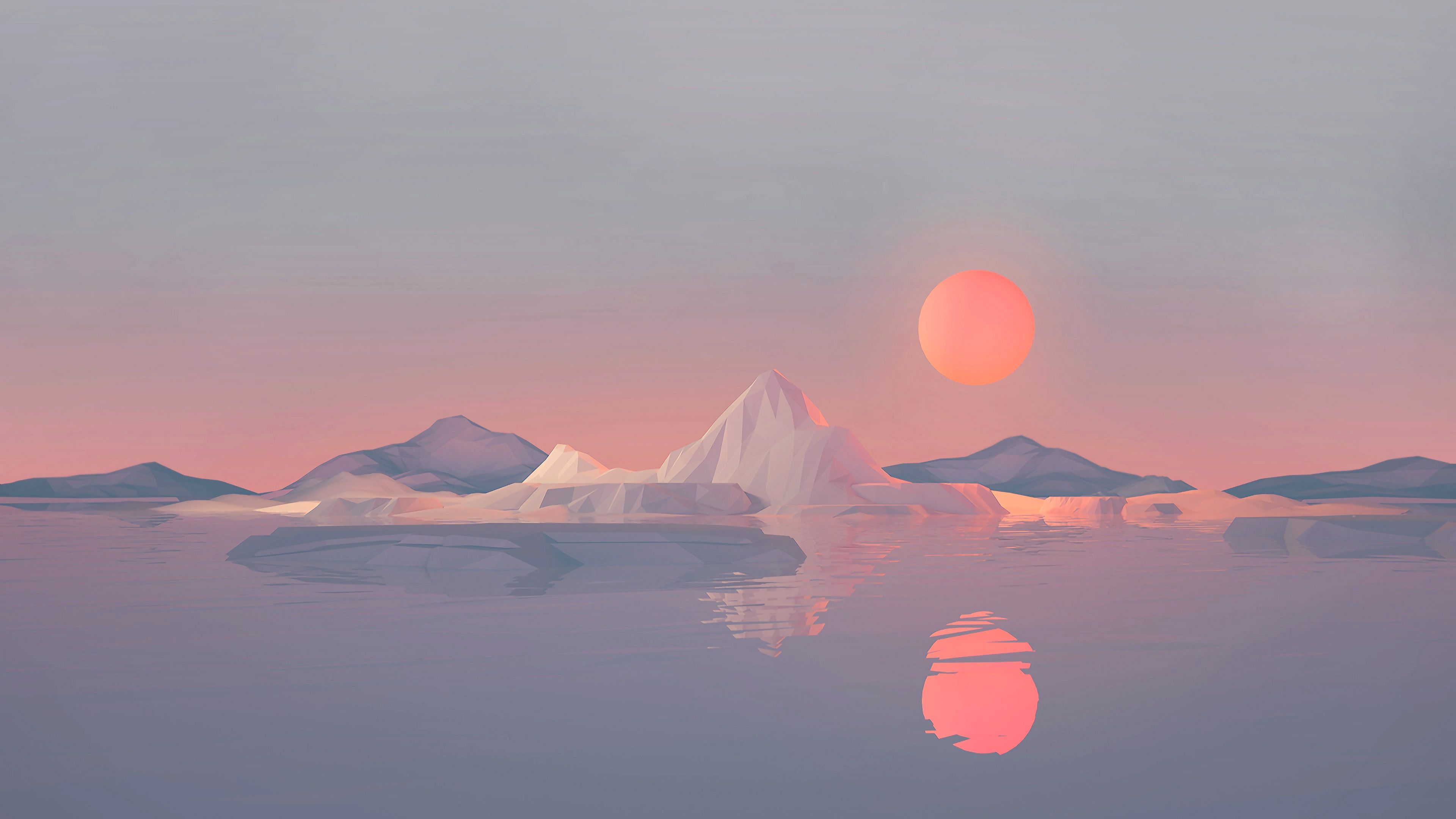 Eisberge, Rote Sonne, Nebel, Meer, Spiegelung, Minimalismus, 3840x2160, PC-Hintergrundbild