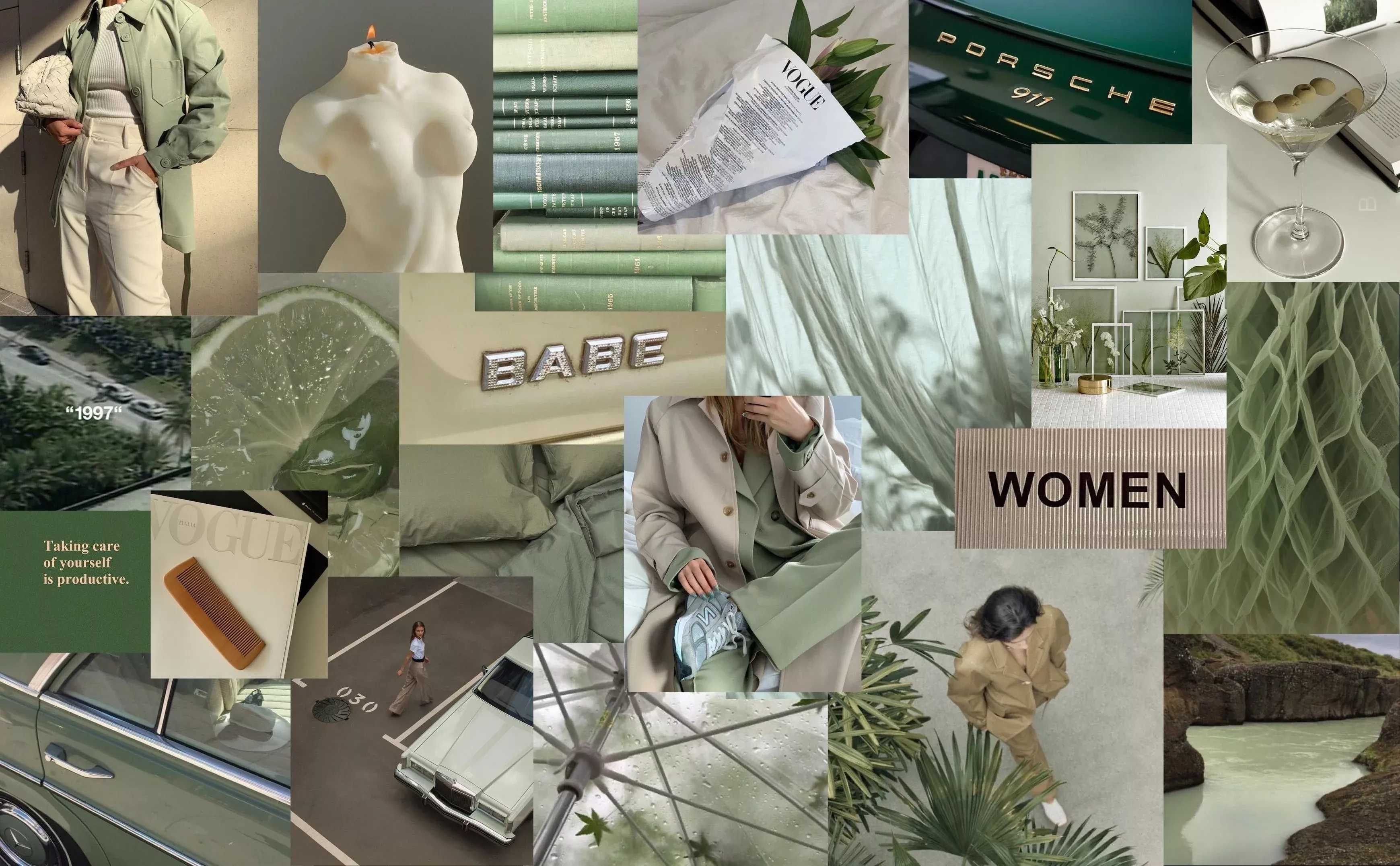 Collage, Moodboard, Salbeigrün, Ästhetik, Mode, Porsche, 2K, Breitbild-Hintergrundbild