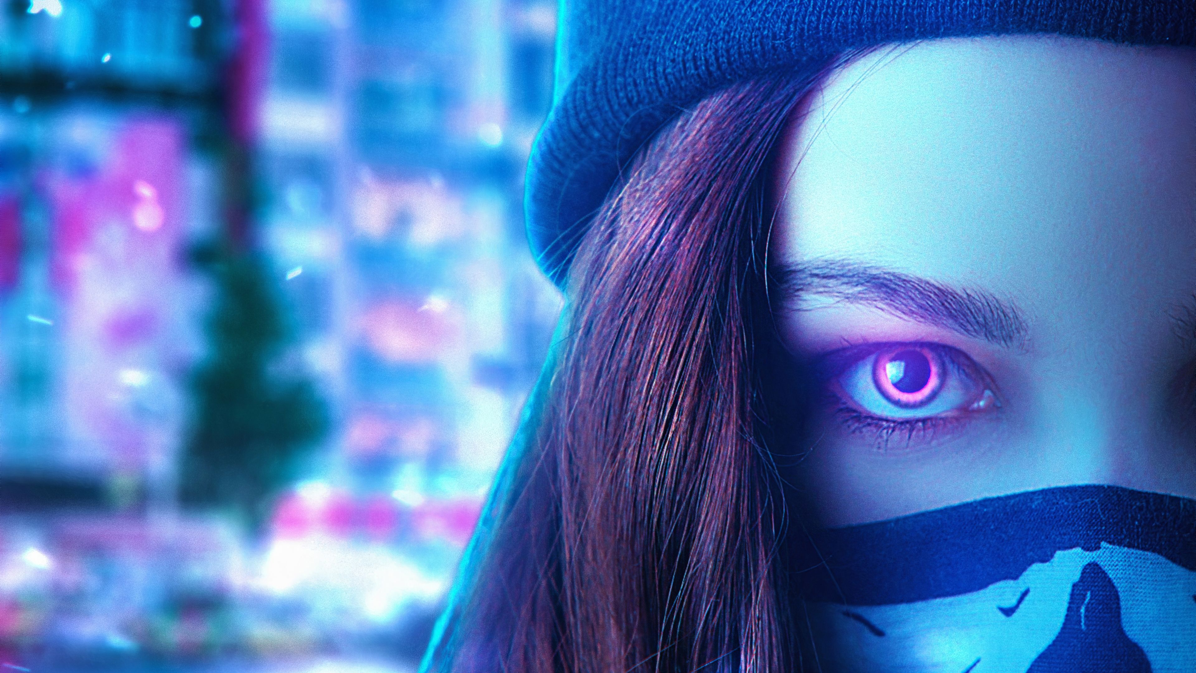 Frau, Leuchtendes Auge, Mundschutz, Cyberpunk, Blau, Pink, 3840x2160, PC-Hintergrundbild