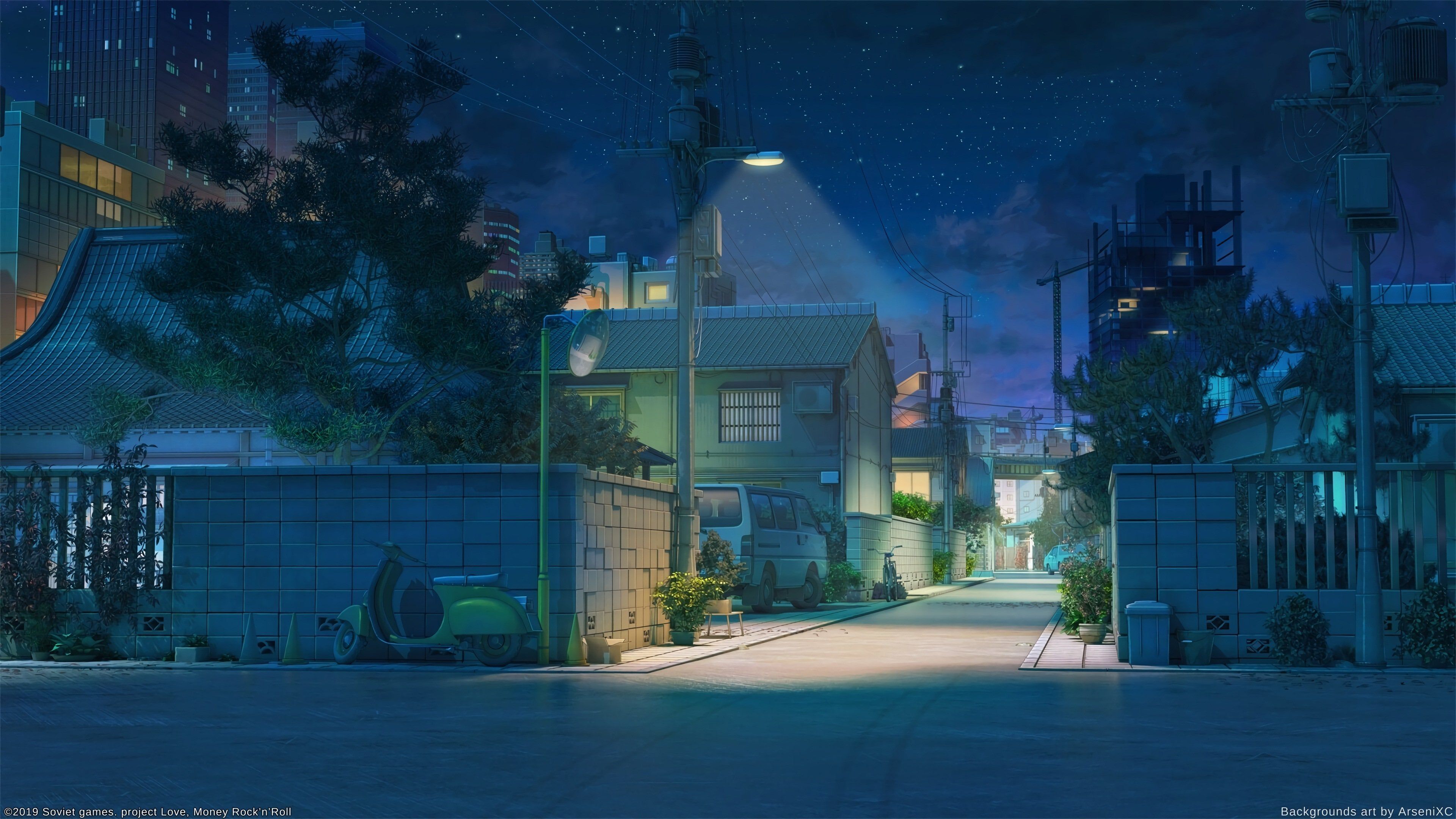 Anime-Stil, Straße, Nacht, Wohnviertel, Straßenlaterne, Japan, 3840x2160, Desktop-Hintergrund