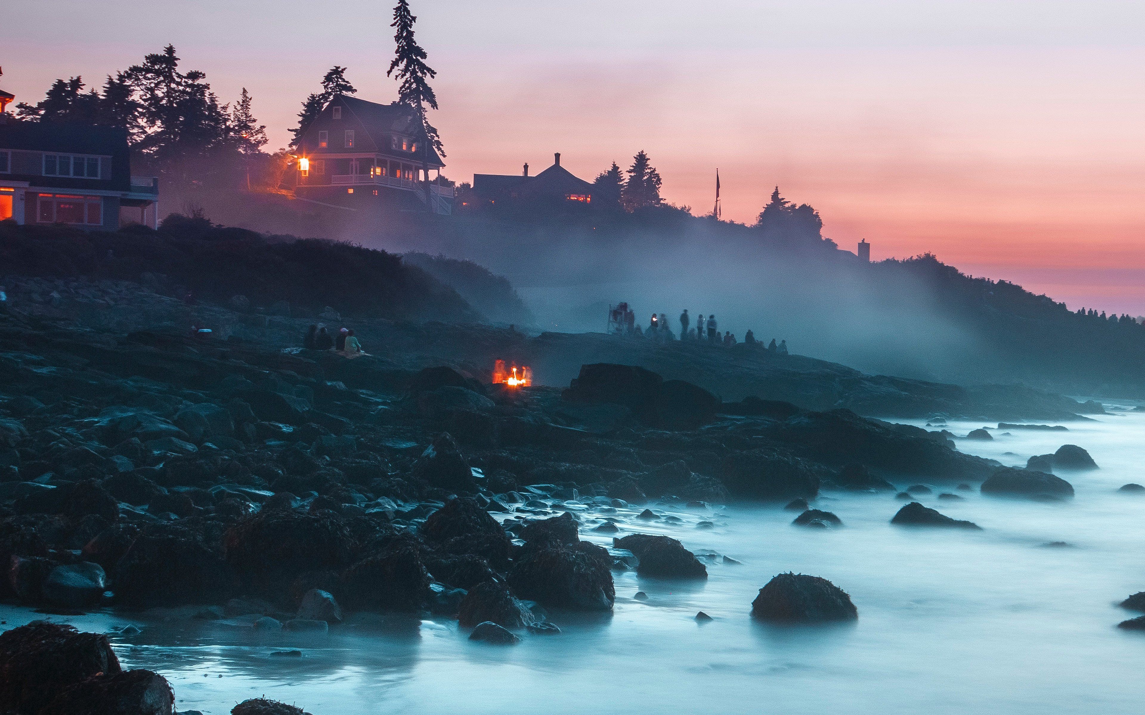 Küste, Felsen, Nebel, Häuser, Dämmerung, Meer, 4K, Hintergrundbild für den PC