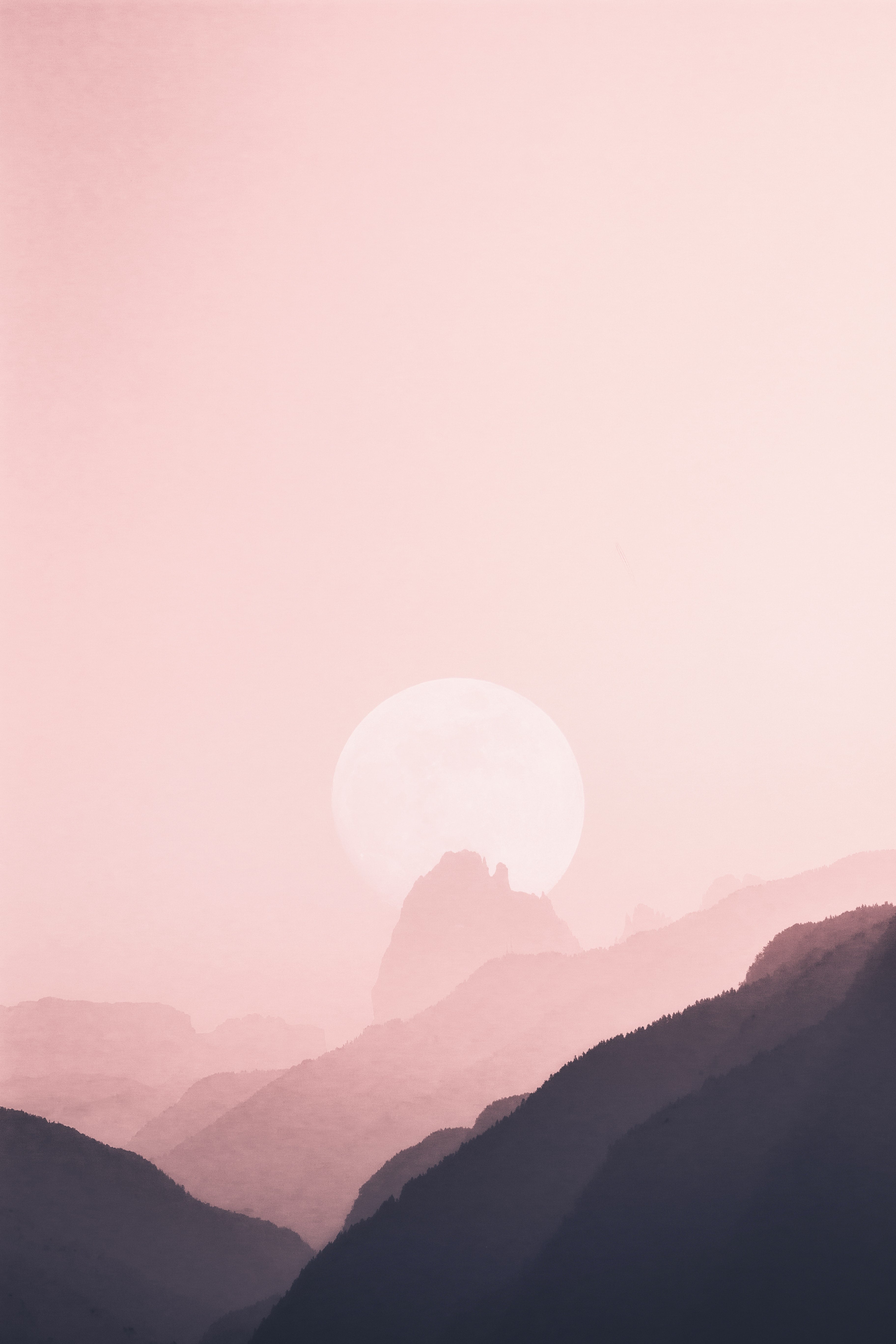 Berge, Mond, Rosa Himmel, Nebel, Minimalistisch, QHD+, Sperrbildschirm fürs iPhone