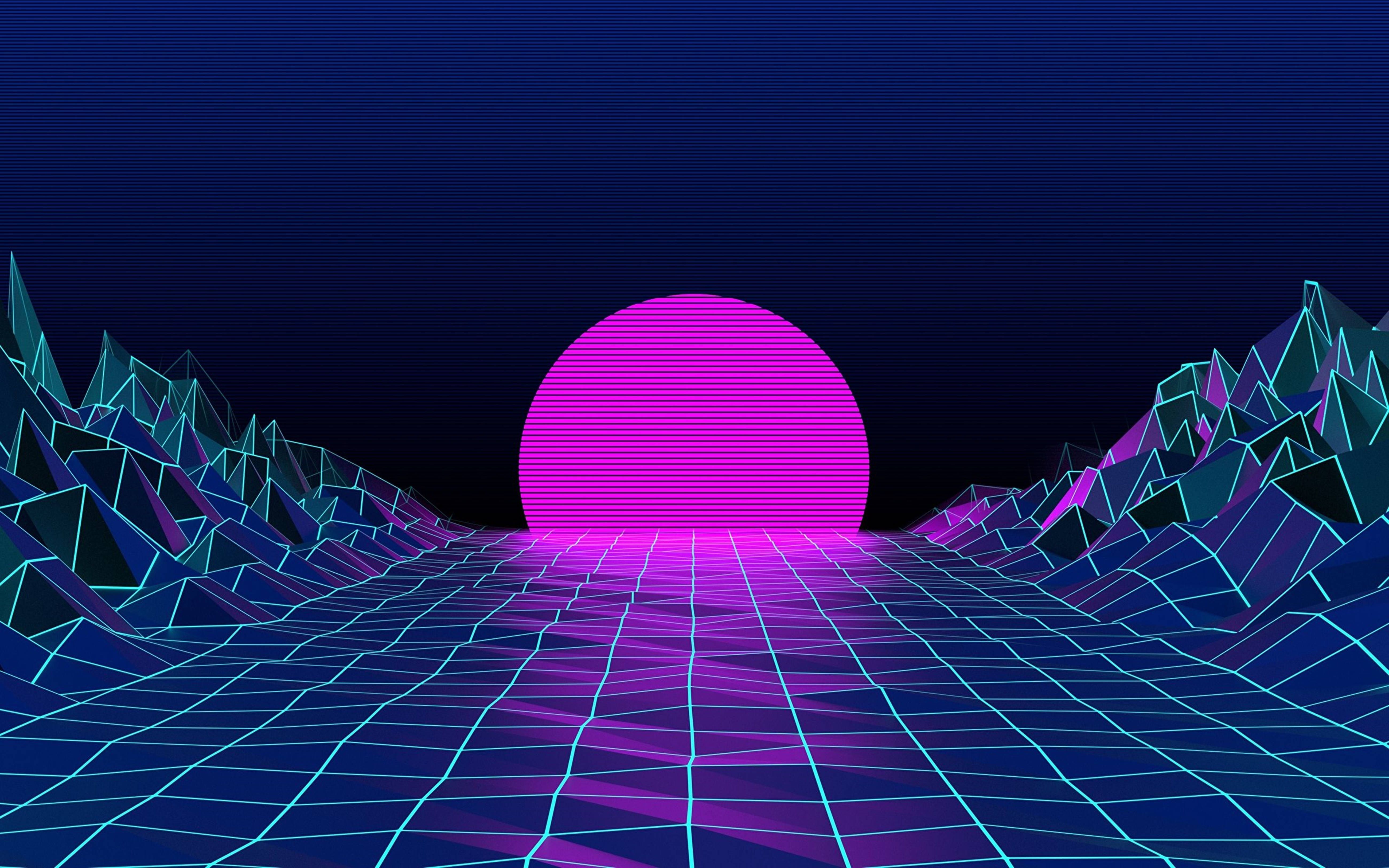 Synthwave, Sonne, Raster, Berge, Pink, Dunkelblau, 16:10, 5K-Hintergrundbild für den Desktop