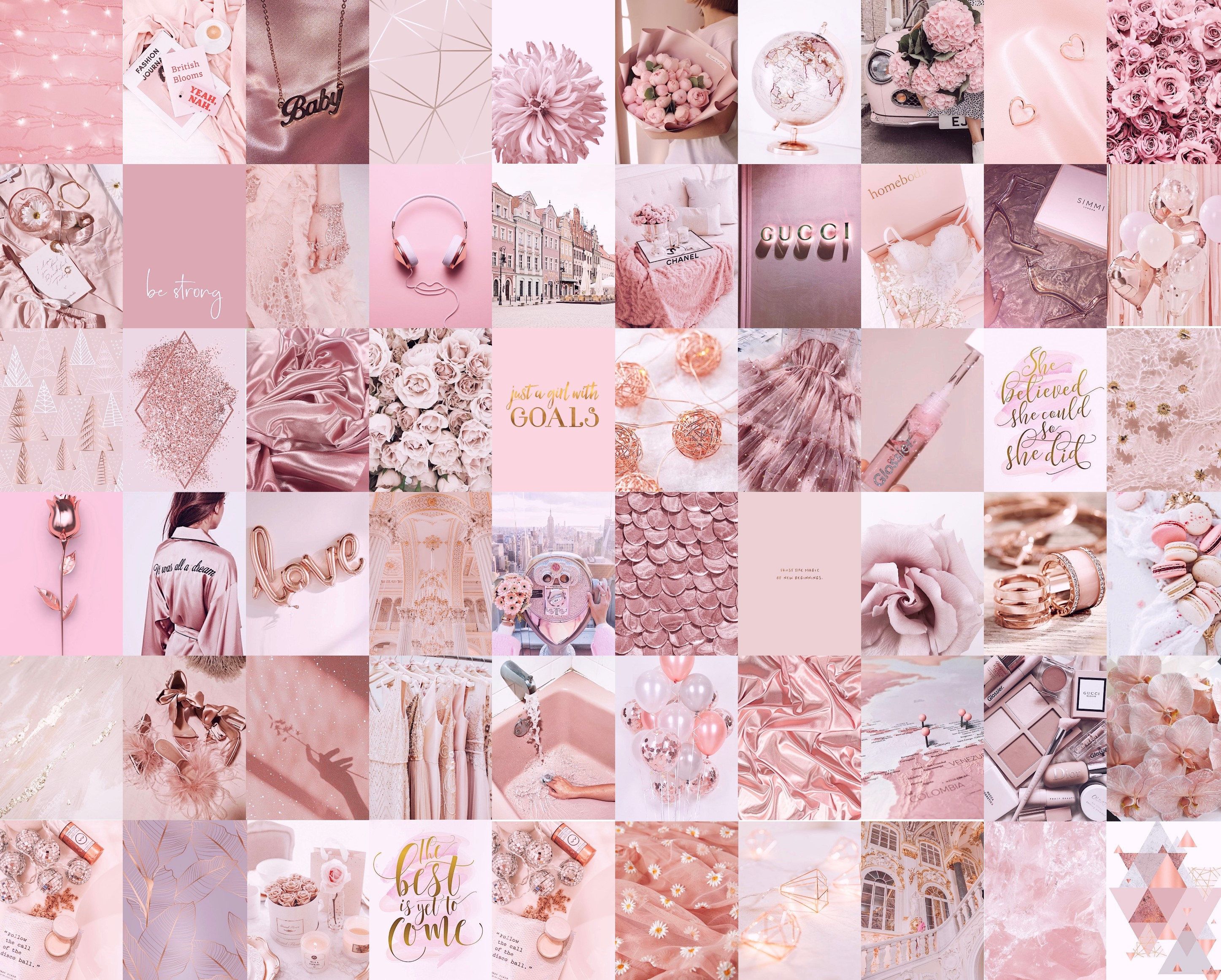Collage, Ästhetik, Roségold, Bilderwand, Zartrosa, 2K, Hintergrund für den Desktop