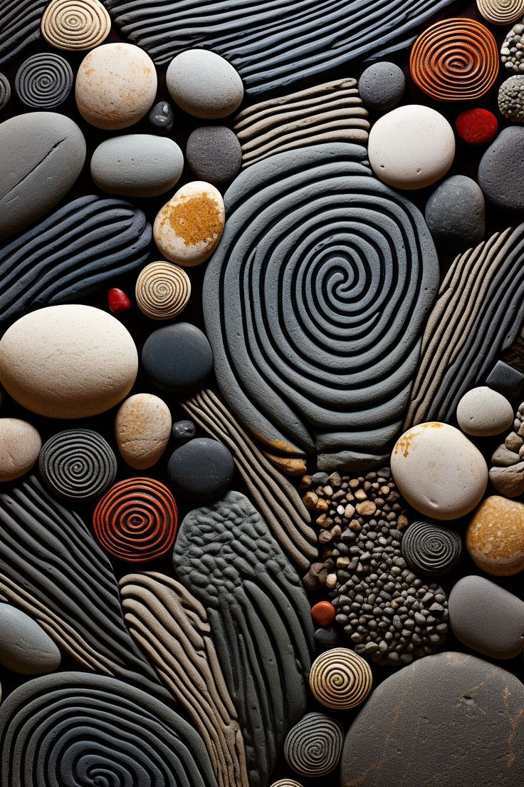Kieselsteine, Zen-Garten, Spirale, Muster, Steine, Hochformat, Hintergrundbild fürs Smartphone