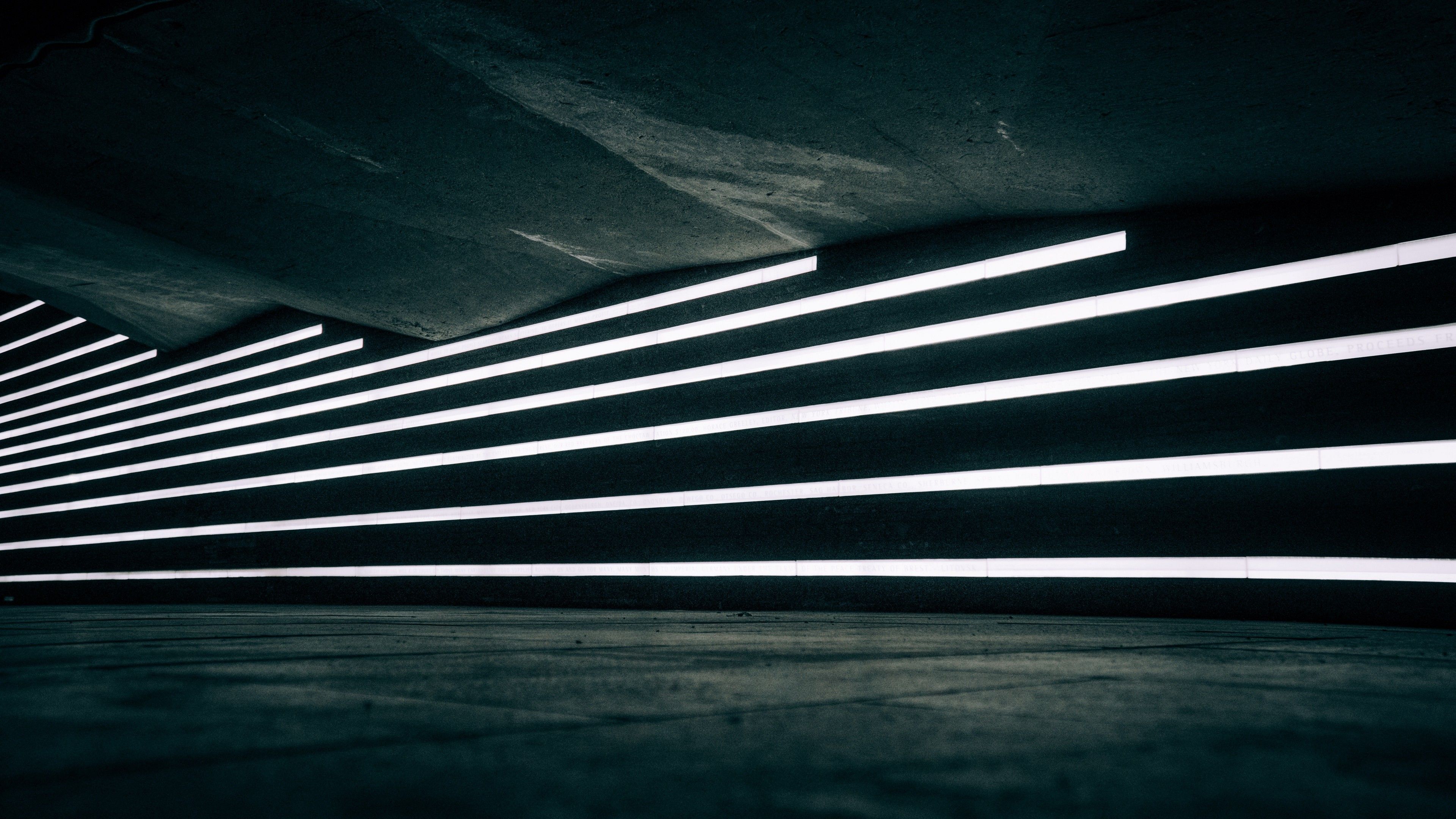 Lichtstreifen, Tiefgarage, Weiß, Dunkel, Architektur, 4K, Hintergrundbild für den PC
