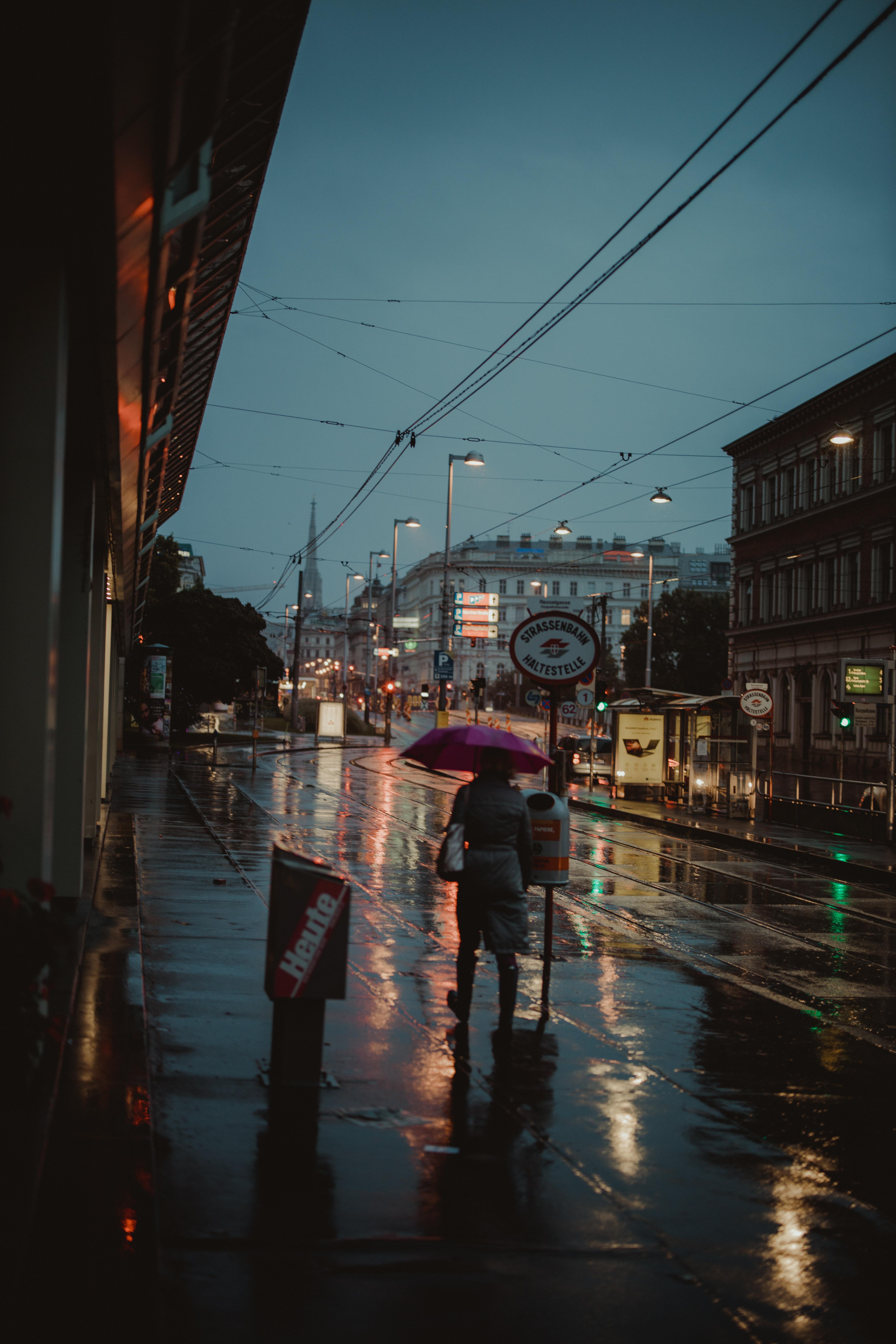 Wien, Regen, Nasse Straße, Regenschirm, Spiegelung, Dämmerung, QHD+, Handy-Hintergrund