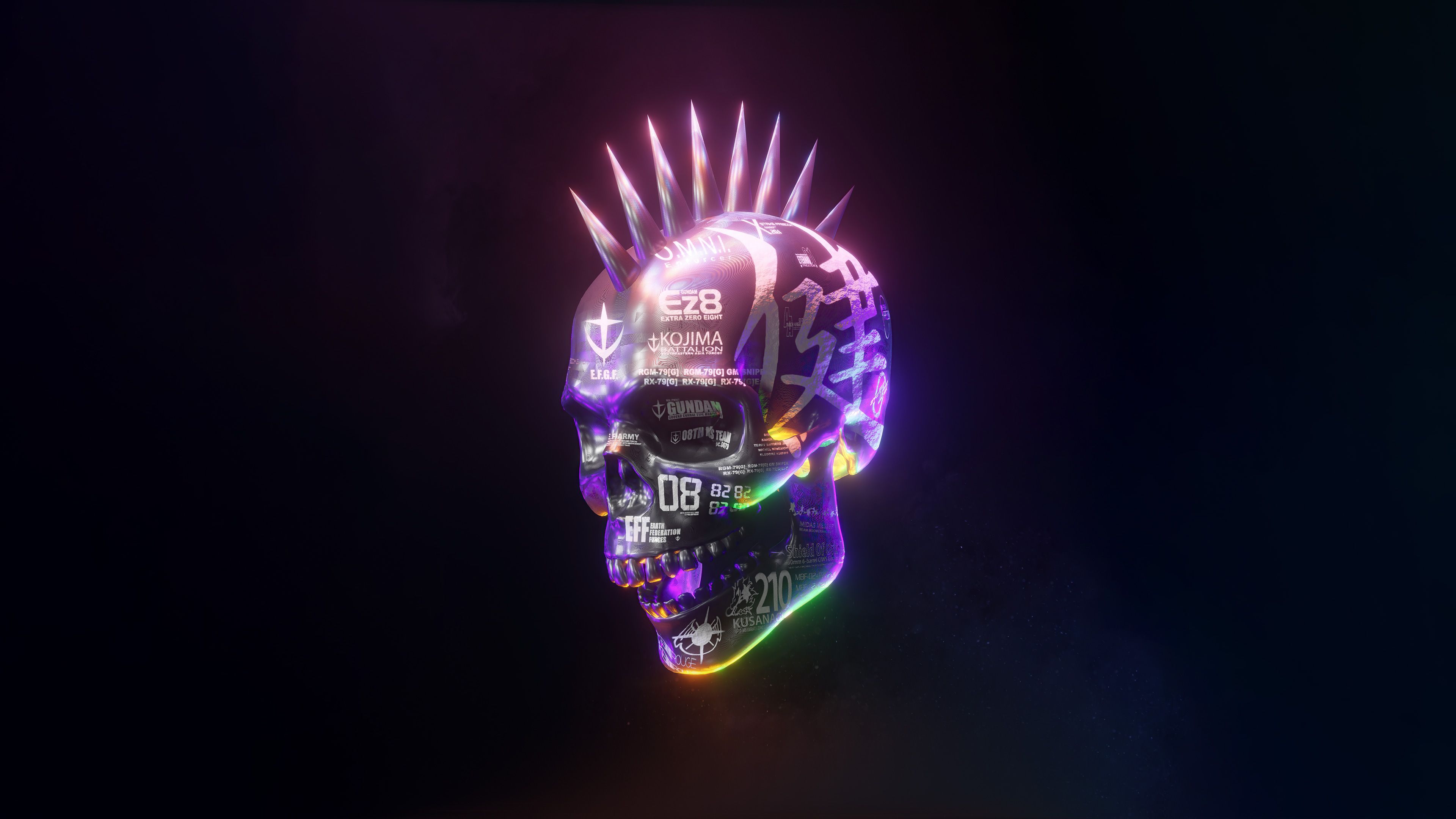 Totenkopf, Irokesenschnitt, Leuchtend, Cyberpunk, Dunkel, 4K-Hintergrundbild für PC
