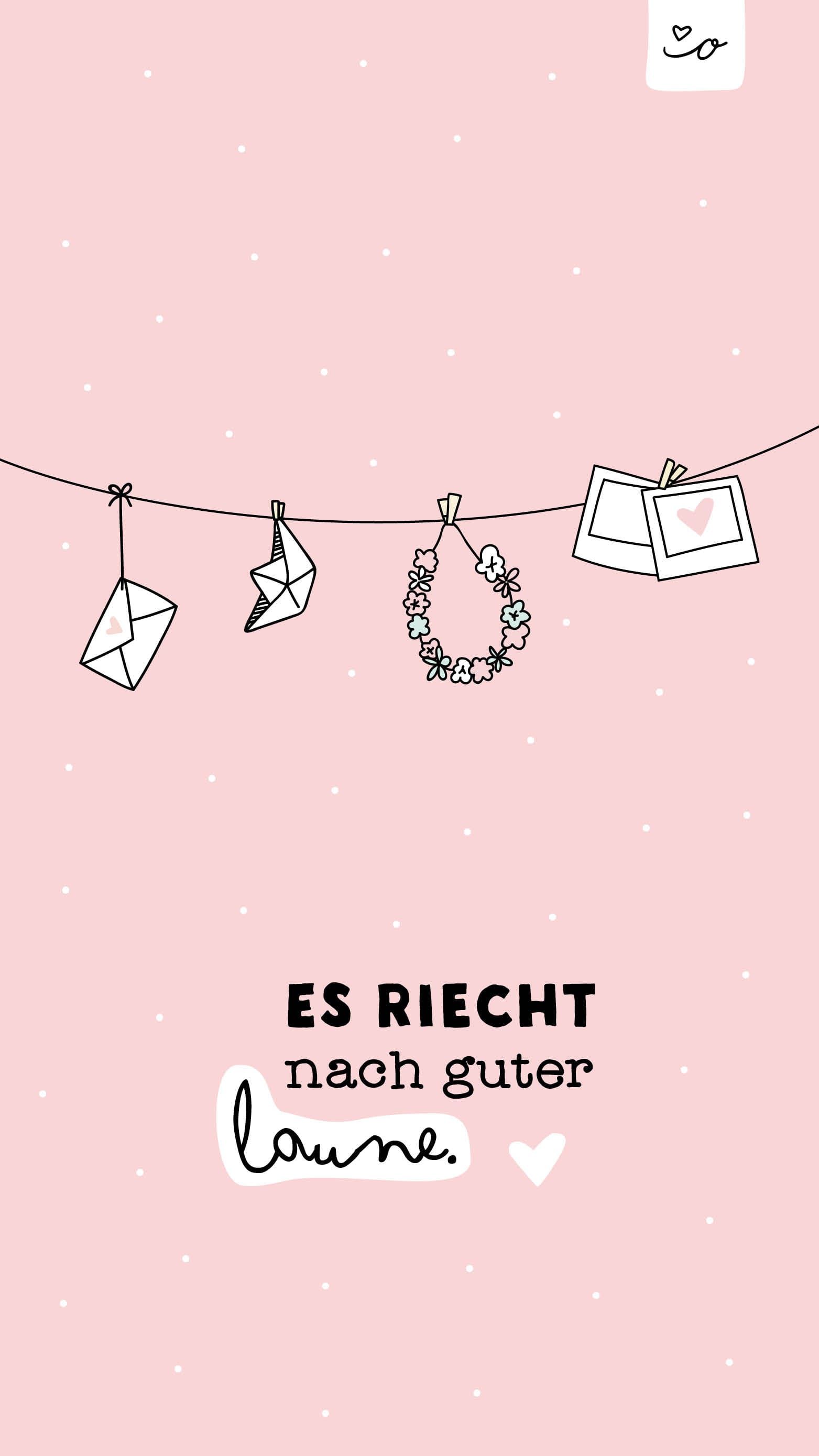 Es riecht nach guter Laune, Spruch, Wäscheleine, Rosa Hintergrund, Strichzeichnung, Sperrbildschirm