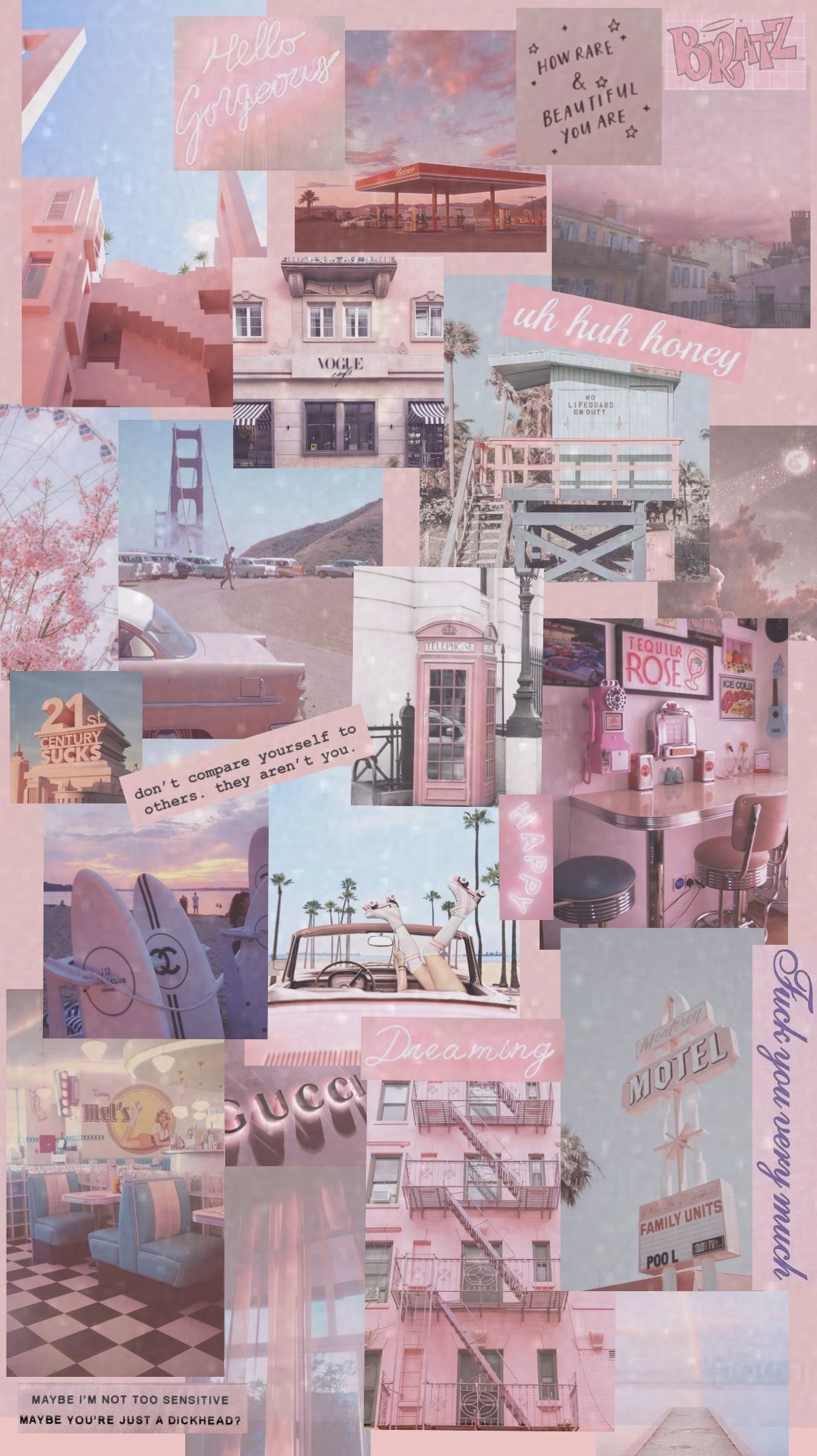 Collage, Aesthetic, Rosa, Pastellfarben, Fotowand, Full HD, Handy-Hintergrund im Hochformat