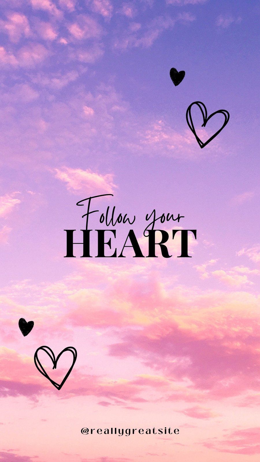 Follow your heart, Zitat, Herzen, Rosa Wolken, Lila Himmel, Sperrbildschirm fürs iPhone