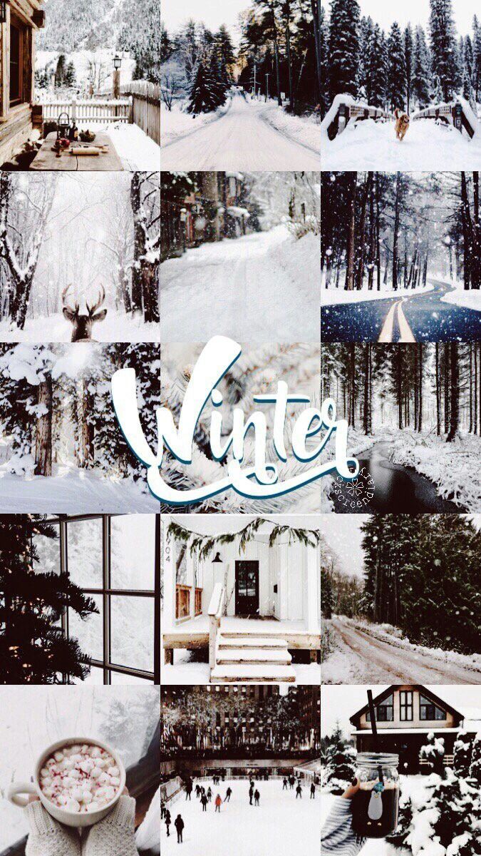 Collage, Winter, Schriftzug, Schnee, Weiß und Braun, Hintergrundbild für iPhone und Android