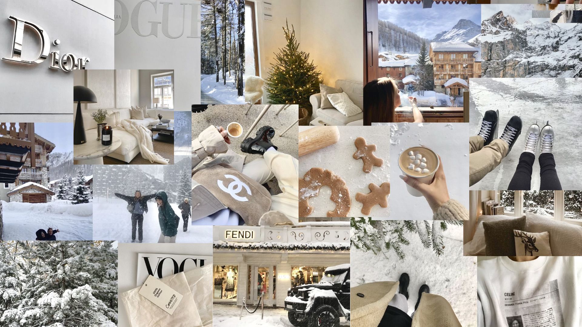 Collage, Vogue, Fendi, Weihnachtsbaum, Lebkuchen, Beige Töne, Ästhetik, Full HD, PC-Hintergrundbild