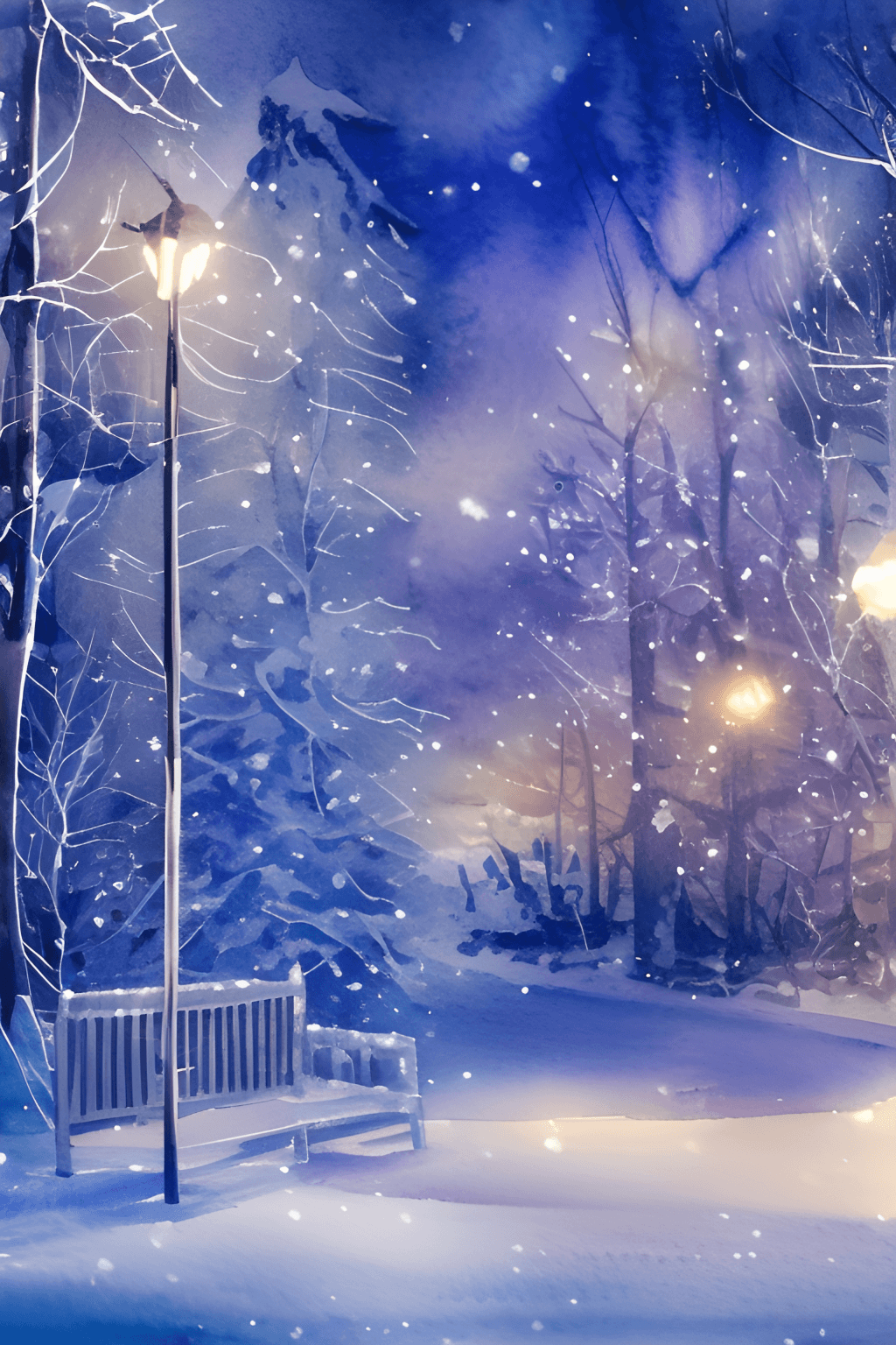 Straßenlaterne, Parkbank, Schneefall, Nacht, Blau und Lila, Digitale Kunst, HD, Handy-Hintergrund
