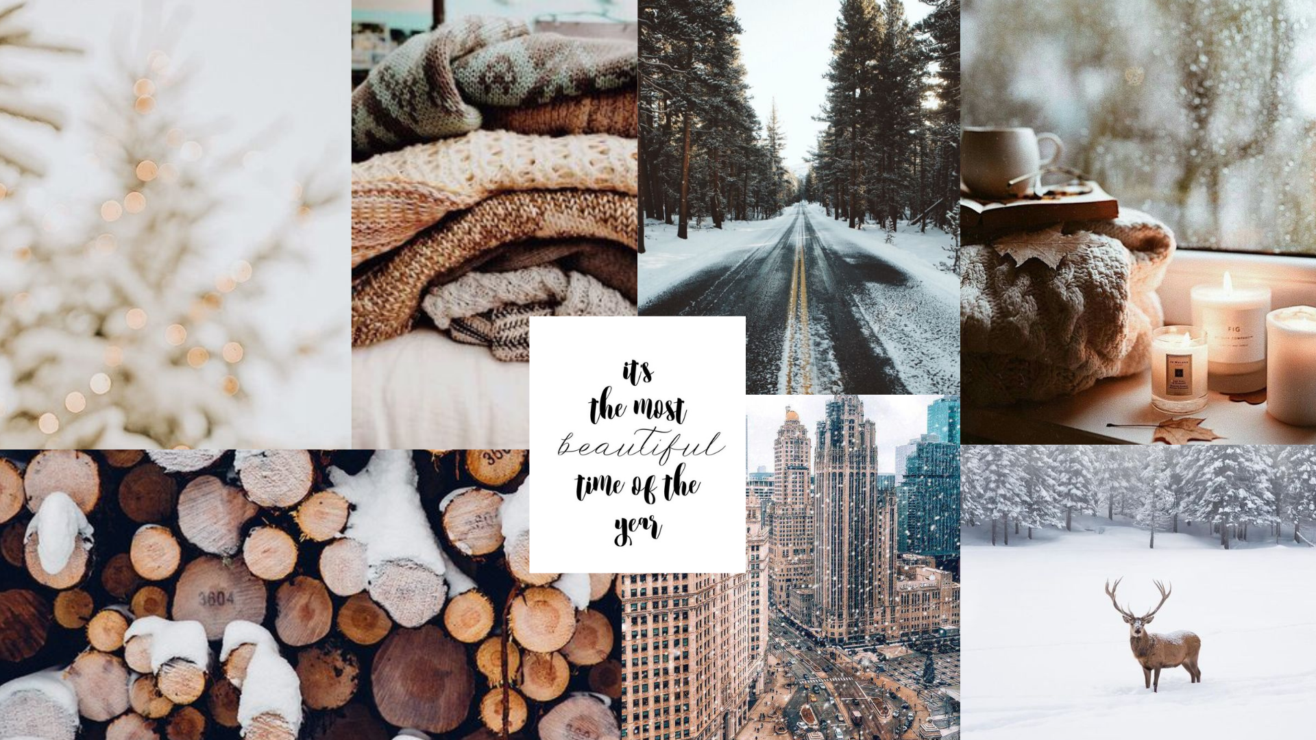 Collage, Strickpullover, Brennholz, Hirsch, Kerzen, Gemütlich, Full-HD-Hintergrundbild für PC