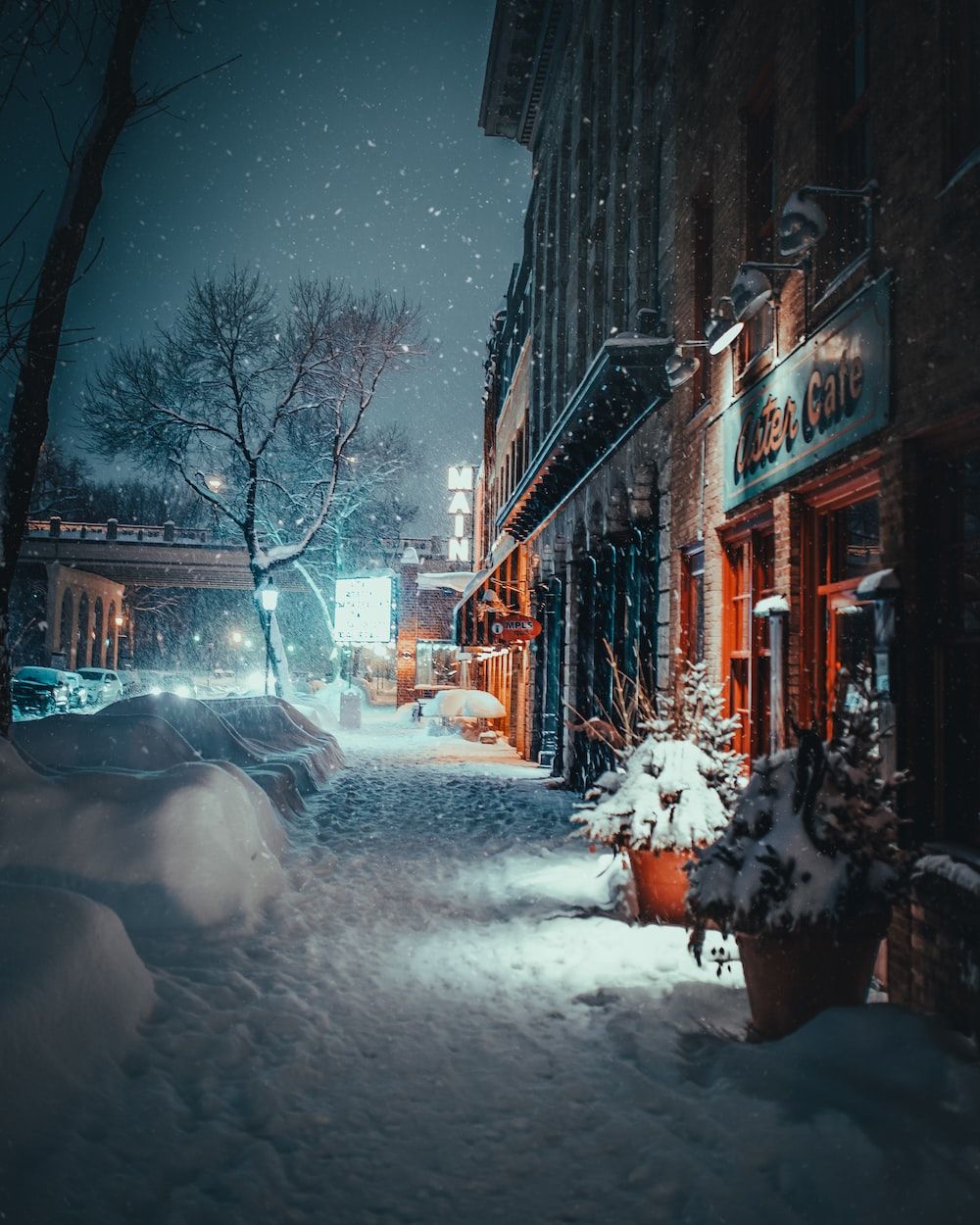 Verschneite Gasse, Nacht, Lichter, Häuser, Blaugrüne Töne, HD, Tablet-Hintergrund