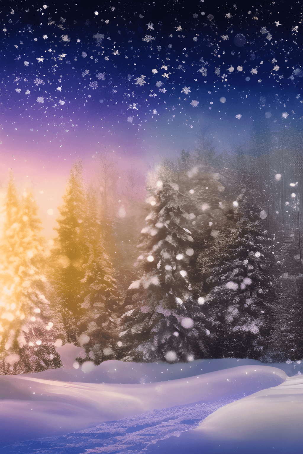 Verschneite Tannen, Sternenhimmel, Schneefall, Nacht, Lila Töne, HD, iPhone-Hintergrundbild
