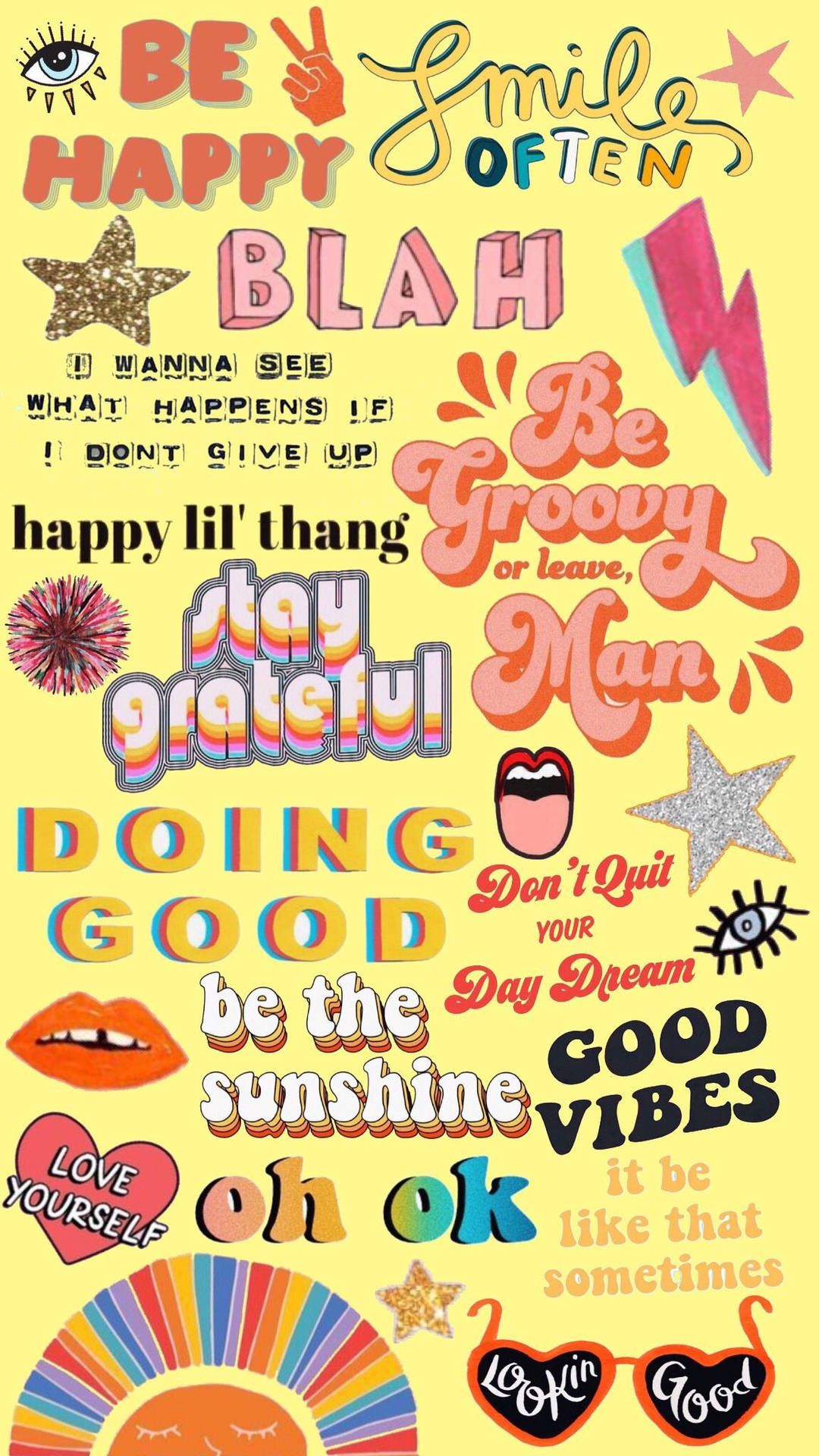 Sticker, Sprüche, Be Happy, Retro-Typografie, Gelb, Full HD, Handy-Hintergrund im Hochformat