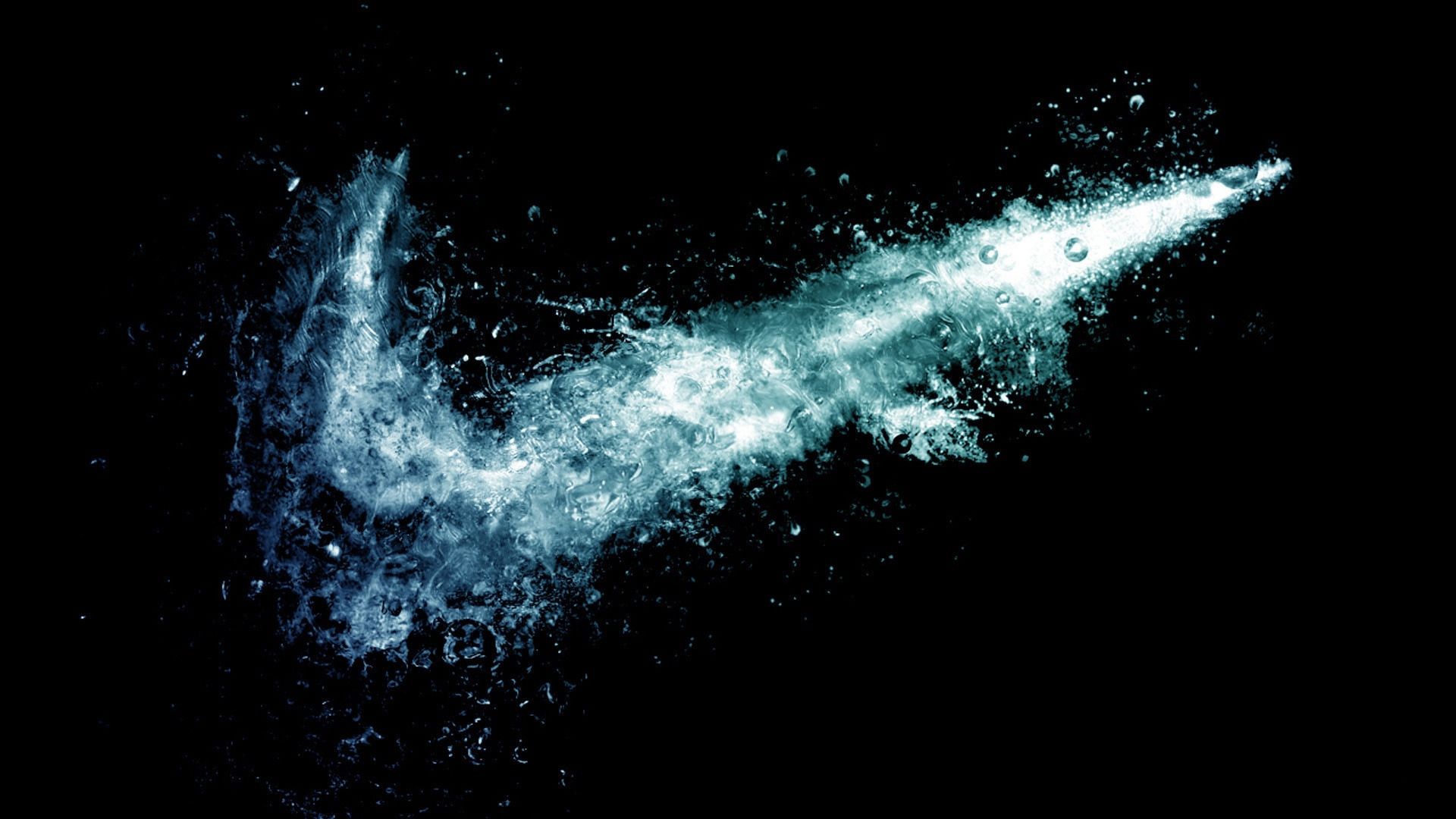 Nike Swoosh, Wasserspritzer, Partikel, Schwarzer Hintergrund, Türkis, Full HD Wallpaper