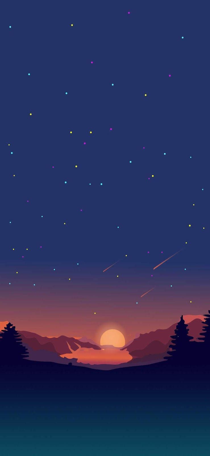 Sonnenuntergang, Sternenhimmel, Berge, Illustration, Dunkelblau, HD, Handy-Hintergrund