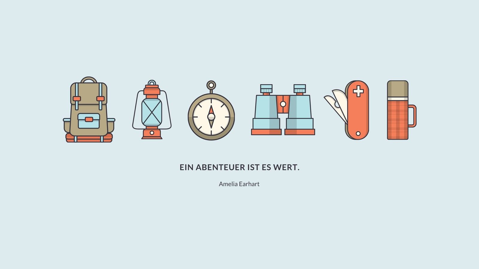 Amelia Earhart, Zitat, Ein Abenteuer ist es wert, Rucksack, Kompass, Fernglas, Flat Design, Hellblauer Hintergrund, HD Wallpaper