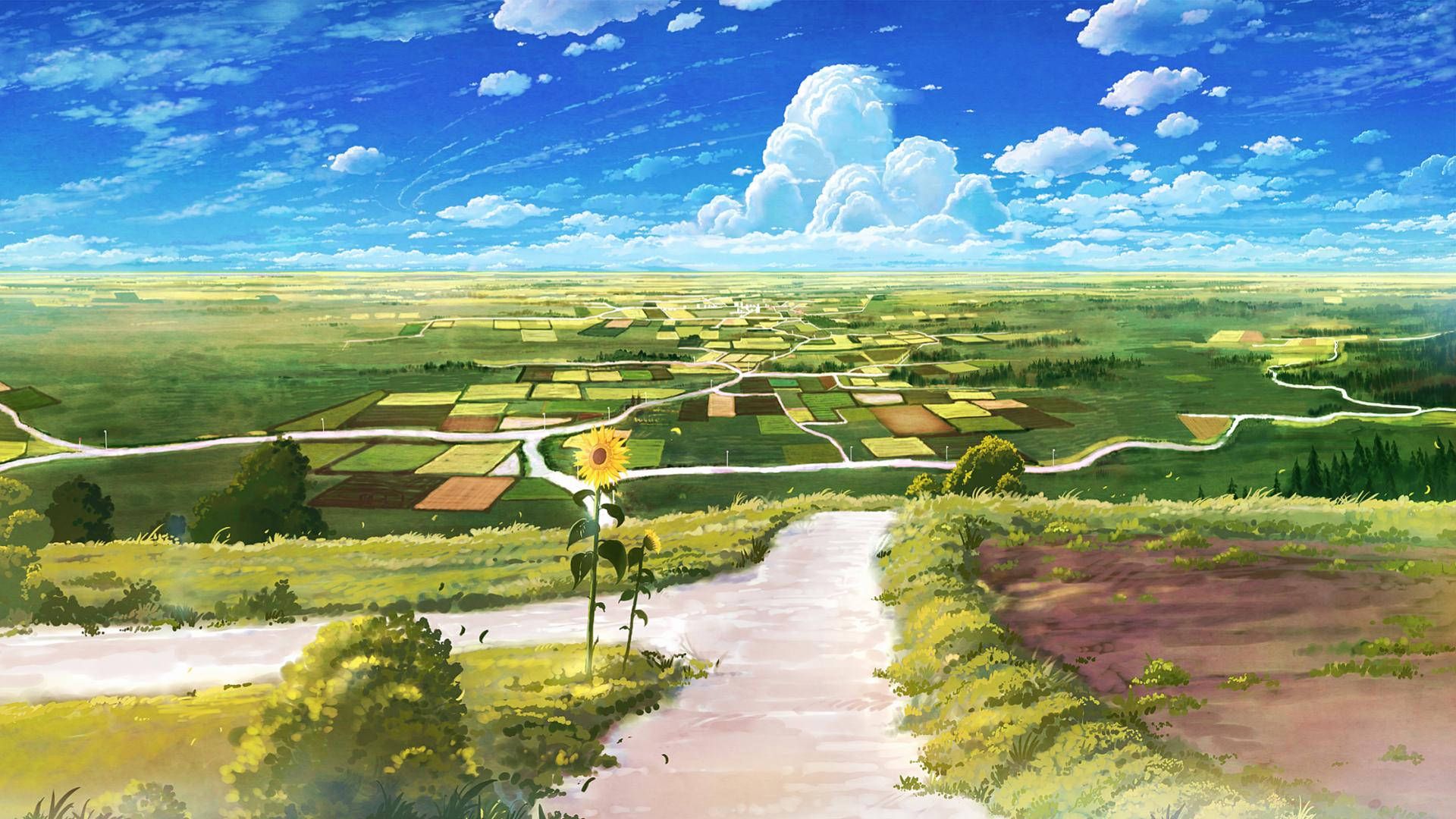 Anime-Landschaft, Felder, Feldweg, Weite Ebene, Weiße Wolken, Blauer Himmel, Sommer, Full-HD-Hintergrund