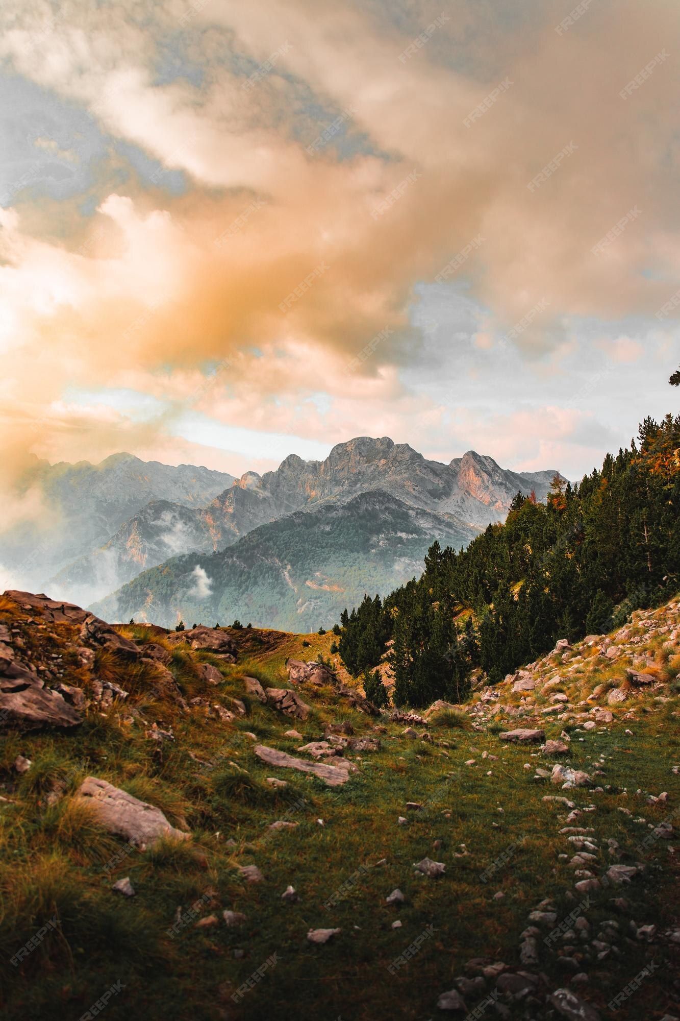 Gebirge, Alpen, Schneegipfel, Wiese, Nadelbäume, Wolken, Full HD, iPhone-Hintergrundbild