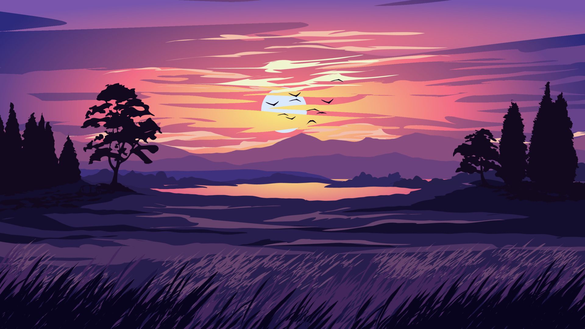 Vektorgrafik, See, Sonnenuntergang, Bäume, Lila Himmel, Berge, Vögel, 1920x1080, PC-Hintergrundbild