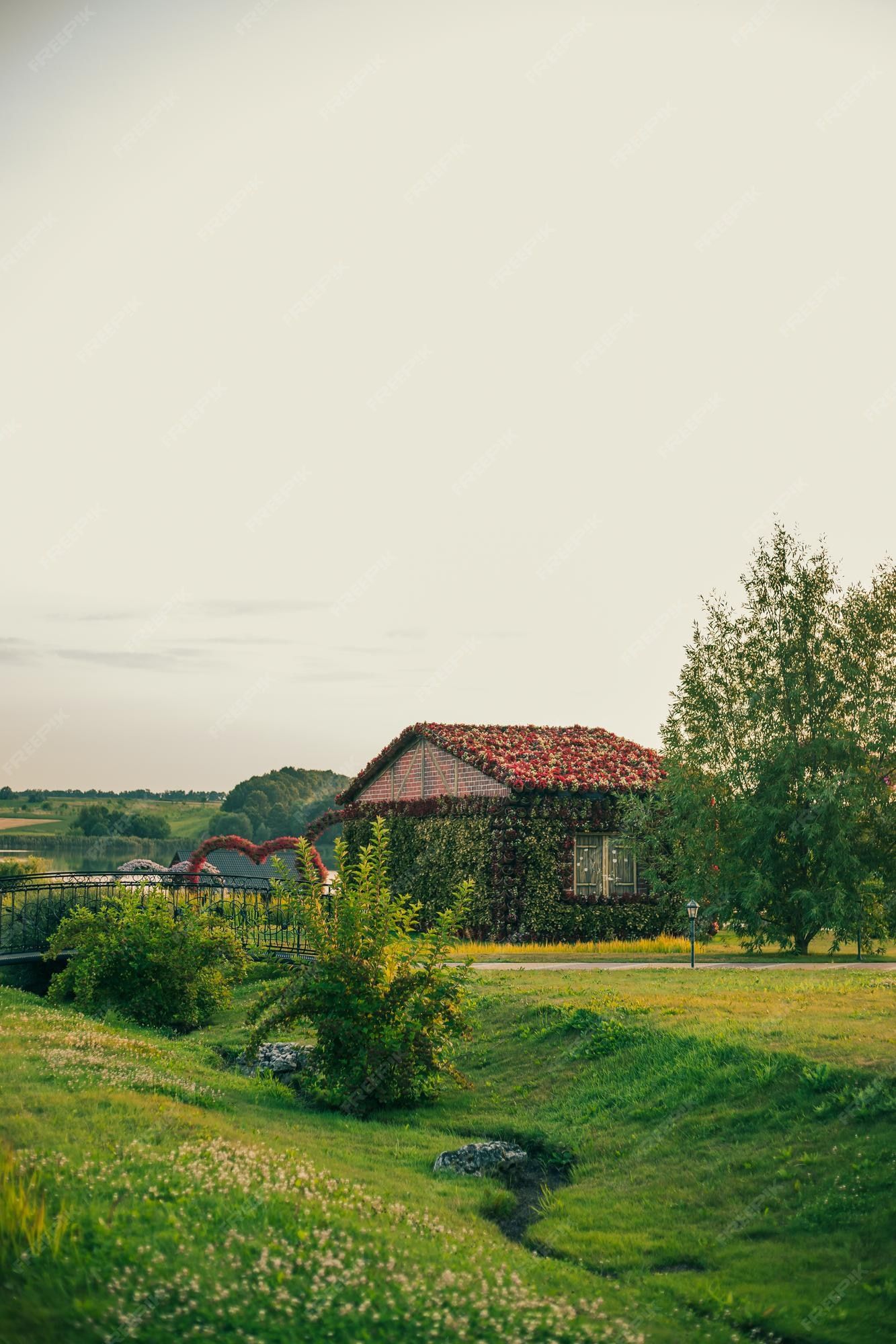 Bauernhaus, Wiese, Bach, Ländlich, Grün, Bäume, Full HD, Handy-Hintergrund im Hochformat