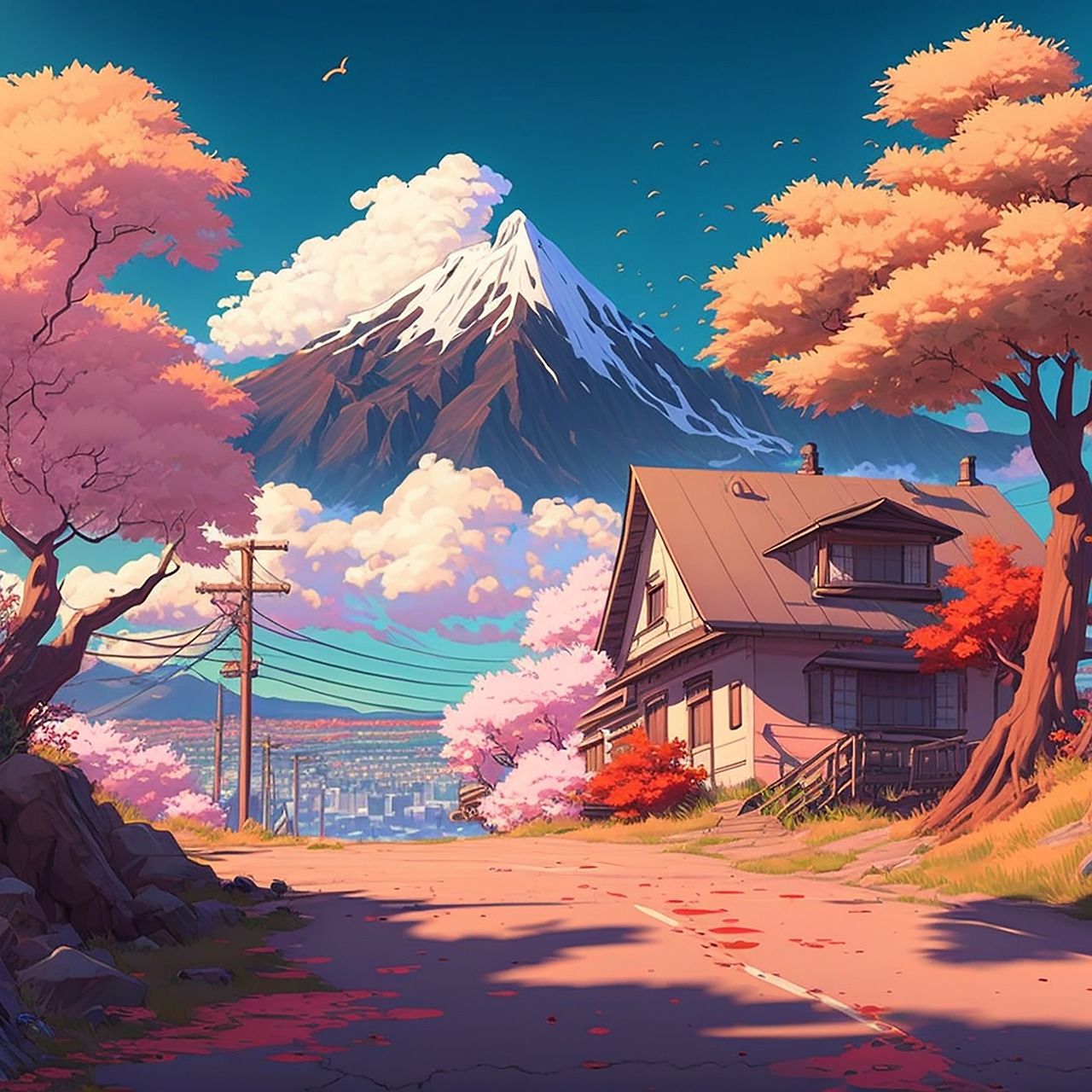 Fuji, Japan, Anime-Landschaft, Kirschblüten, Haus, Schneeberg, HD, iPad-Hintergrundbild