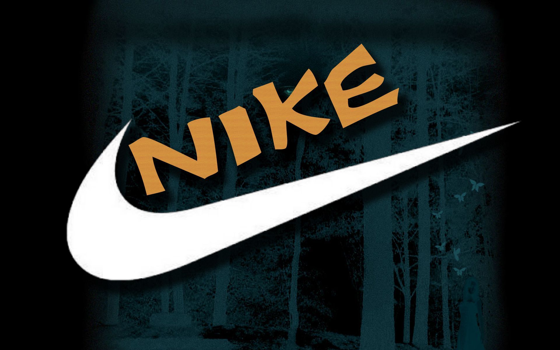 Nike-Logo, Weißer Swoosh, Orangefarbene Schrift, Dunkler Wald, Full HD, Desktop-Hintergrund